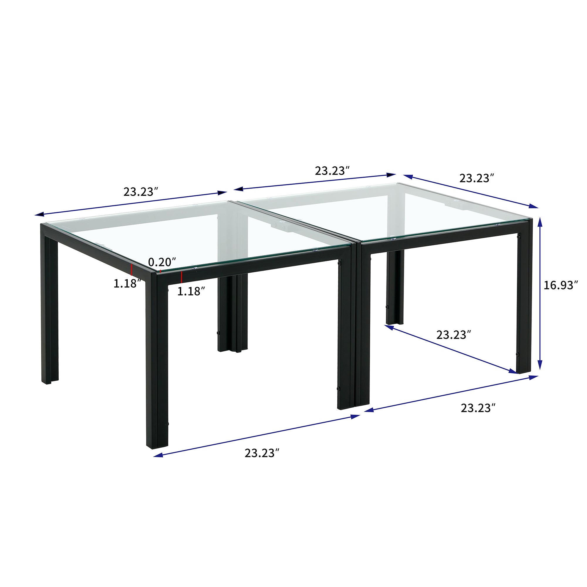 Coffee Table Set of 2, Square Modern Table with Tempered Glass Finish for Living Room,Transparent