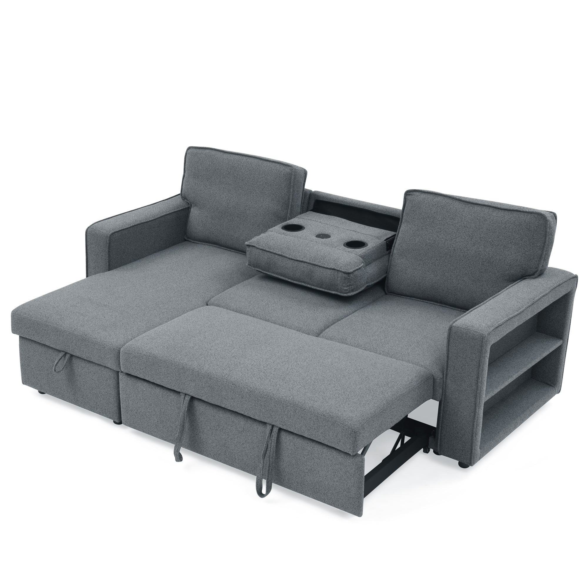 Linen Upholstered Sleeper Sectional Sofa, Shaped Modular Convertible Sofa with Storage Chaise,There are two cup holders in the middle and USB multi-interface function,Pull Out Sleep Couch Bed ,Grey