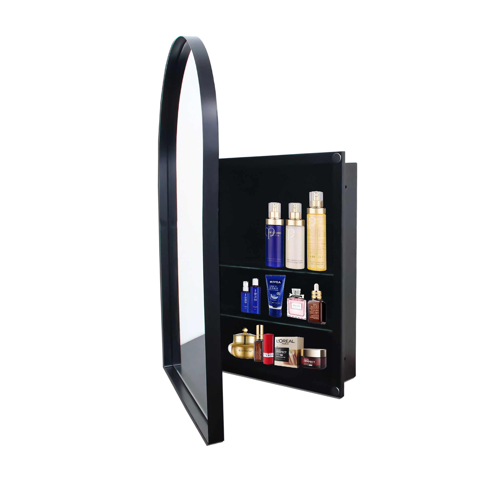 24x36 Inch Arched Recessed Medicine Cabinet, Metal Framed Bathroom Wall Cabinet with Mirror and Adjustable Shelves, Wall Mirror with Storage for Bathroom, Matte Black