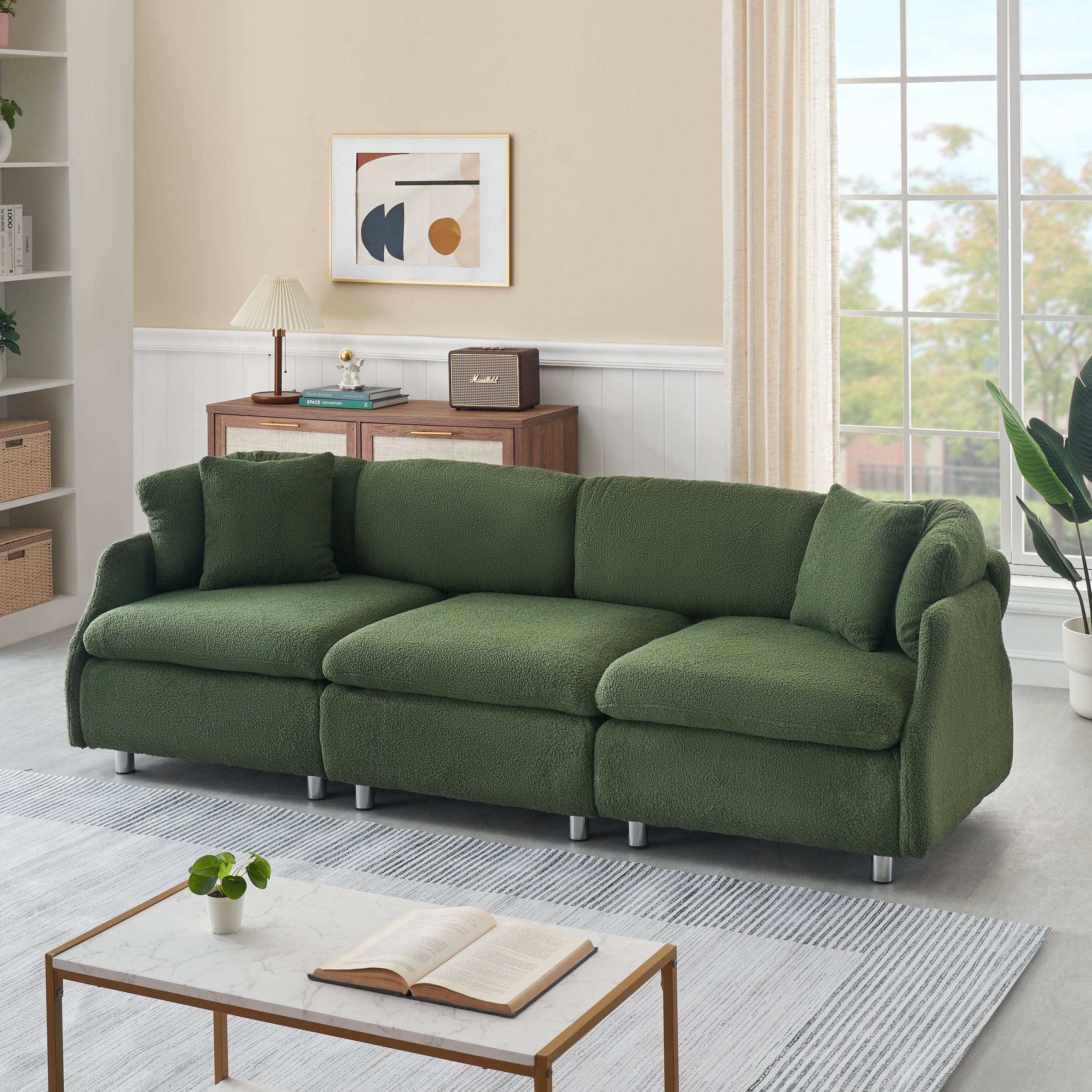 3-Seater Green Teddy Fleece Sofa With Two Throw Pillows - Spacious Design for Living Room