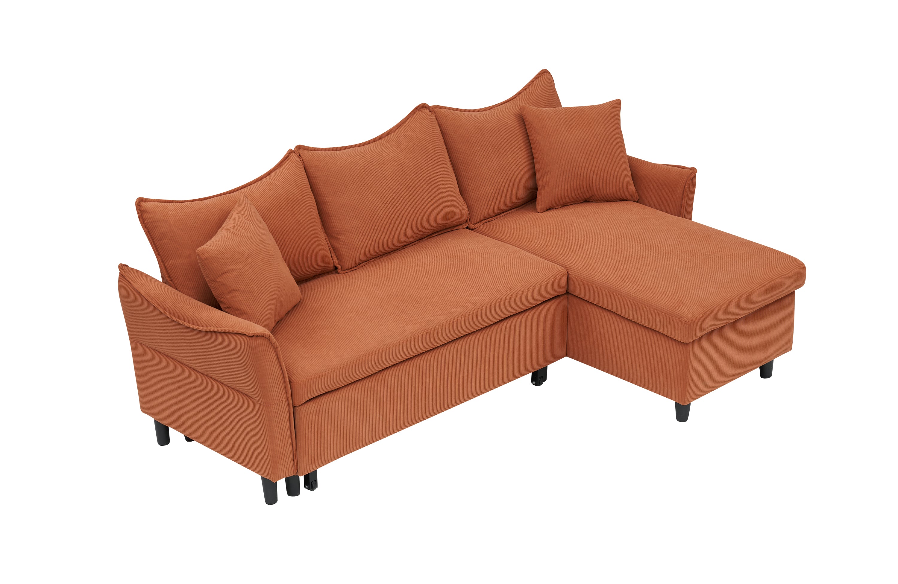 80" Orange Corduroy 3-Seater Sofa Bed With Two Small Pillows - Pull-Out Sofa With Storage For Living Room