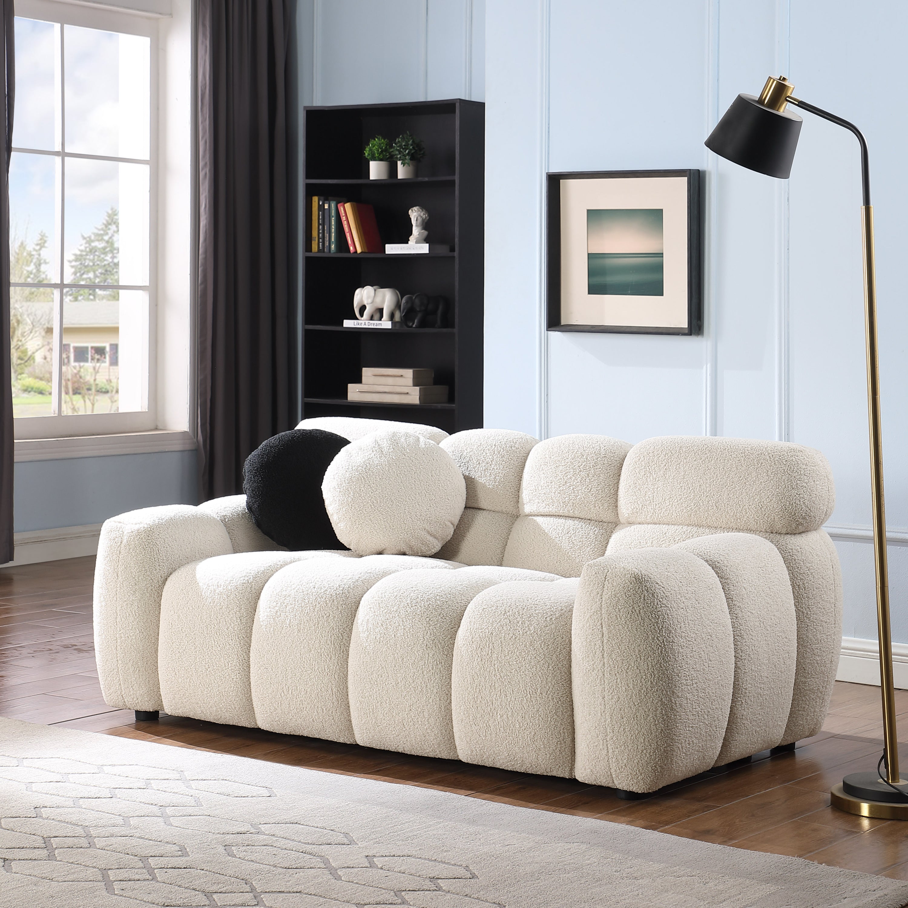 64.96 length ,35.83" deepth ,human body structure for USA people,  marshmallow sofa,boucle sofa ,2  seater, BEIGE  BOUCLE