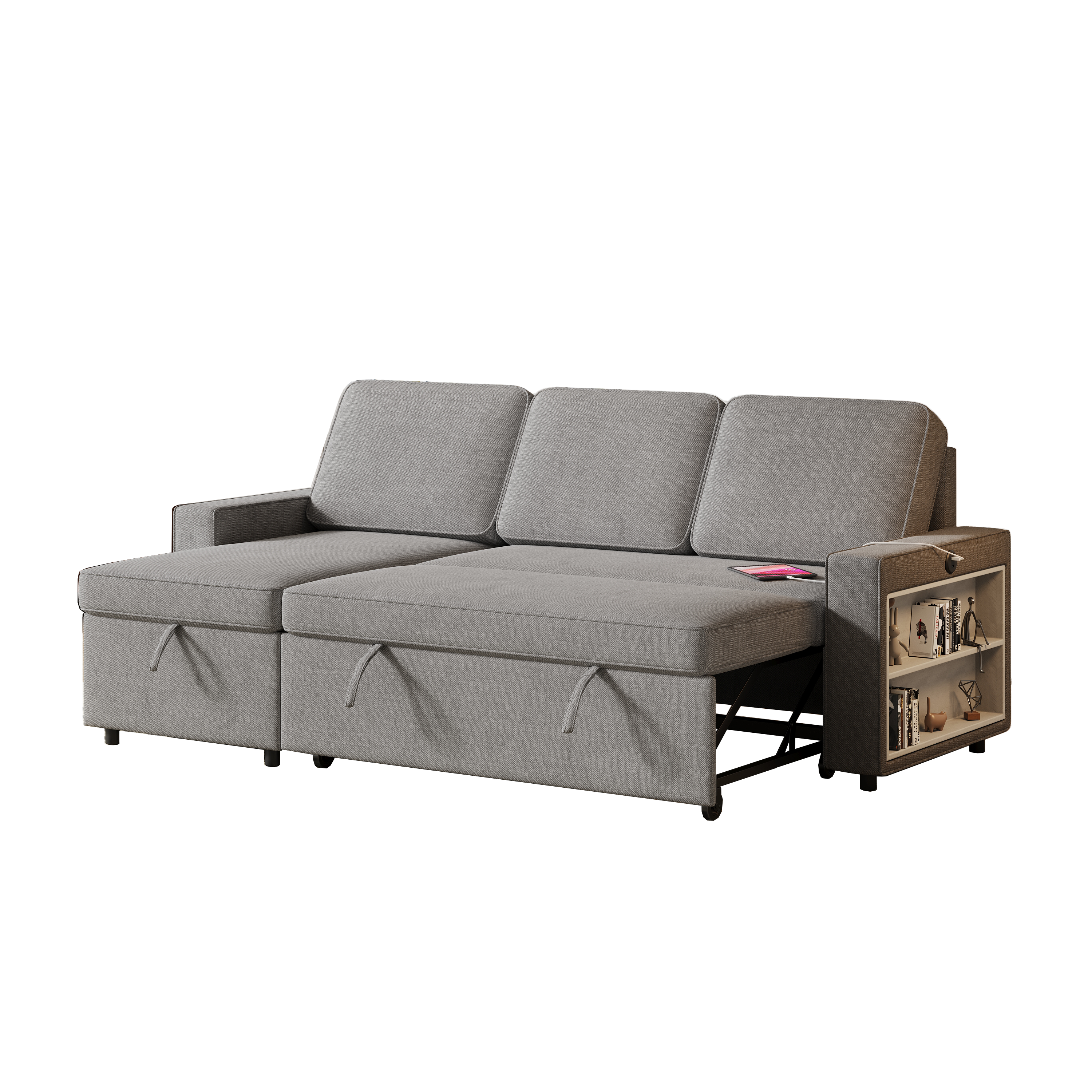 85.8" Pull Out Sleeper Sofa L-Shaped Couch Convertible Sofa Bed with Storage Chaise And Storage Racks,With USB Port And T-pyce Port