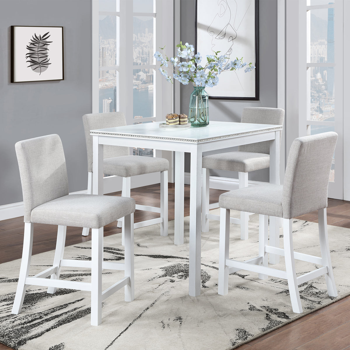 5 Piece Counter Height Table Set, Wooden Kitchen Table Set with Square Table and 4 Upholstered Chairs, Counter Height Dining Table with Crystal Decoration and Chair Set for Kitchen, Dining Room,White