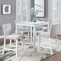 5 Piece Counter Height Table Set, Wooden Kitchen Table Set with Square Table and 4 Upholstered Chairs, Counter Height Dining Table with Crystal Decoration and Chair Set for Kitchen, Dining Room,White