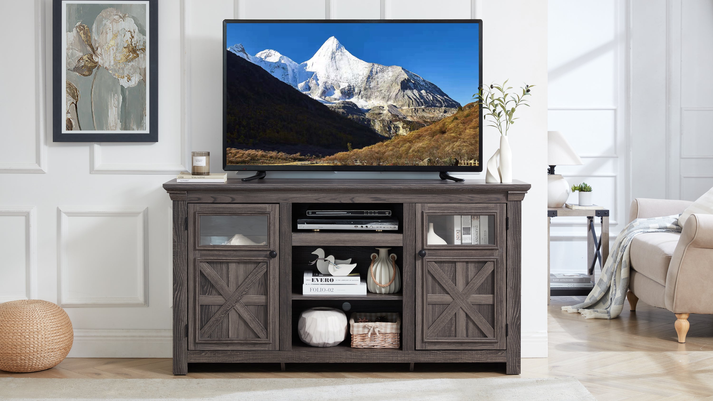 2 Door Farmhouse  TV Stand Barn Design with Large Barn Inspired Home Entertainment Console