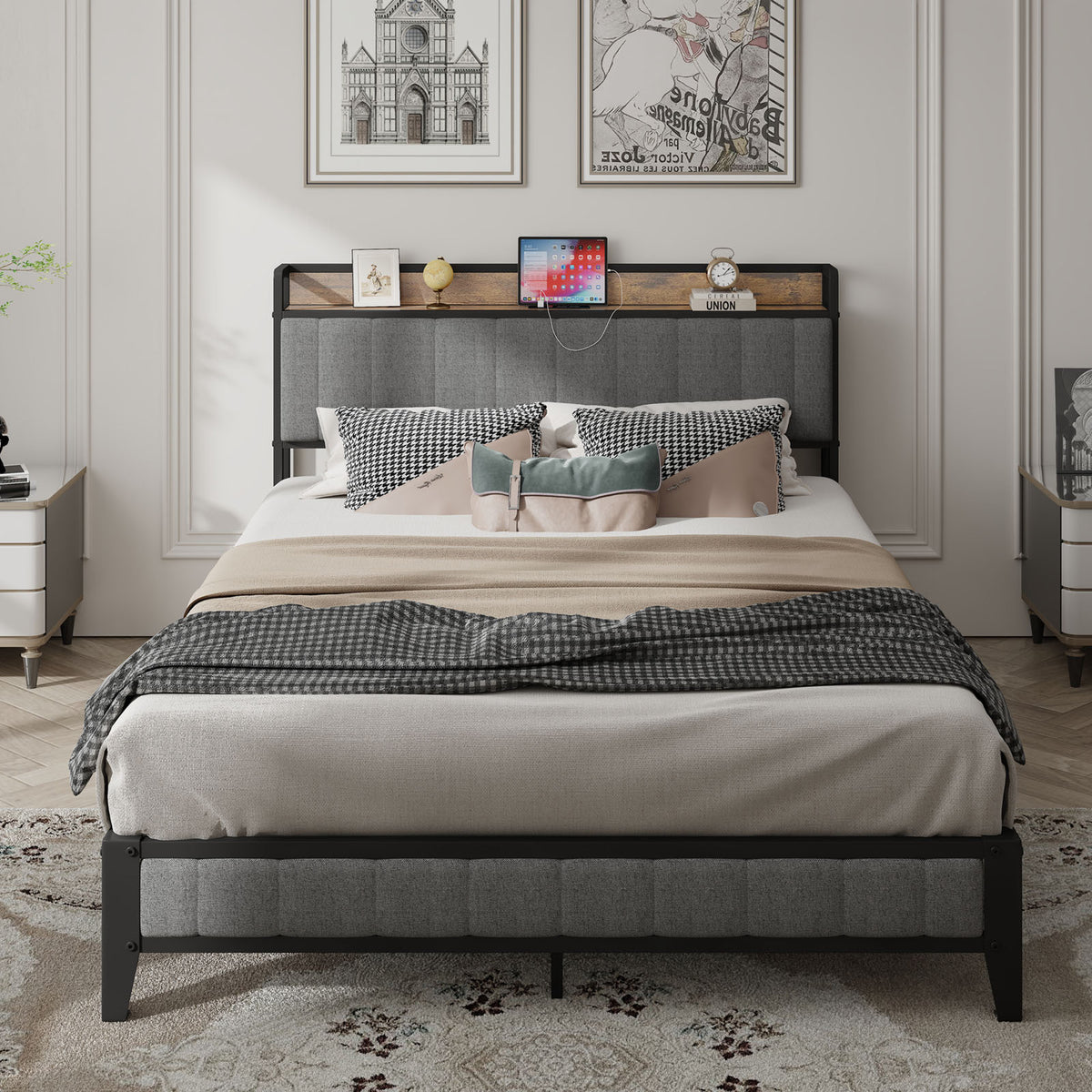 Full Size Bed Frame with Charging Station, Upholstered Headboard, Metal Platform, Grey