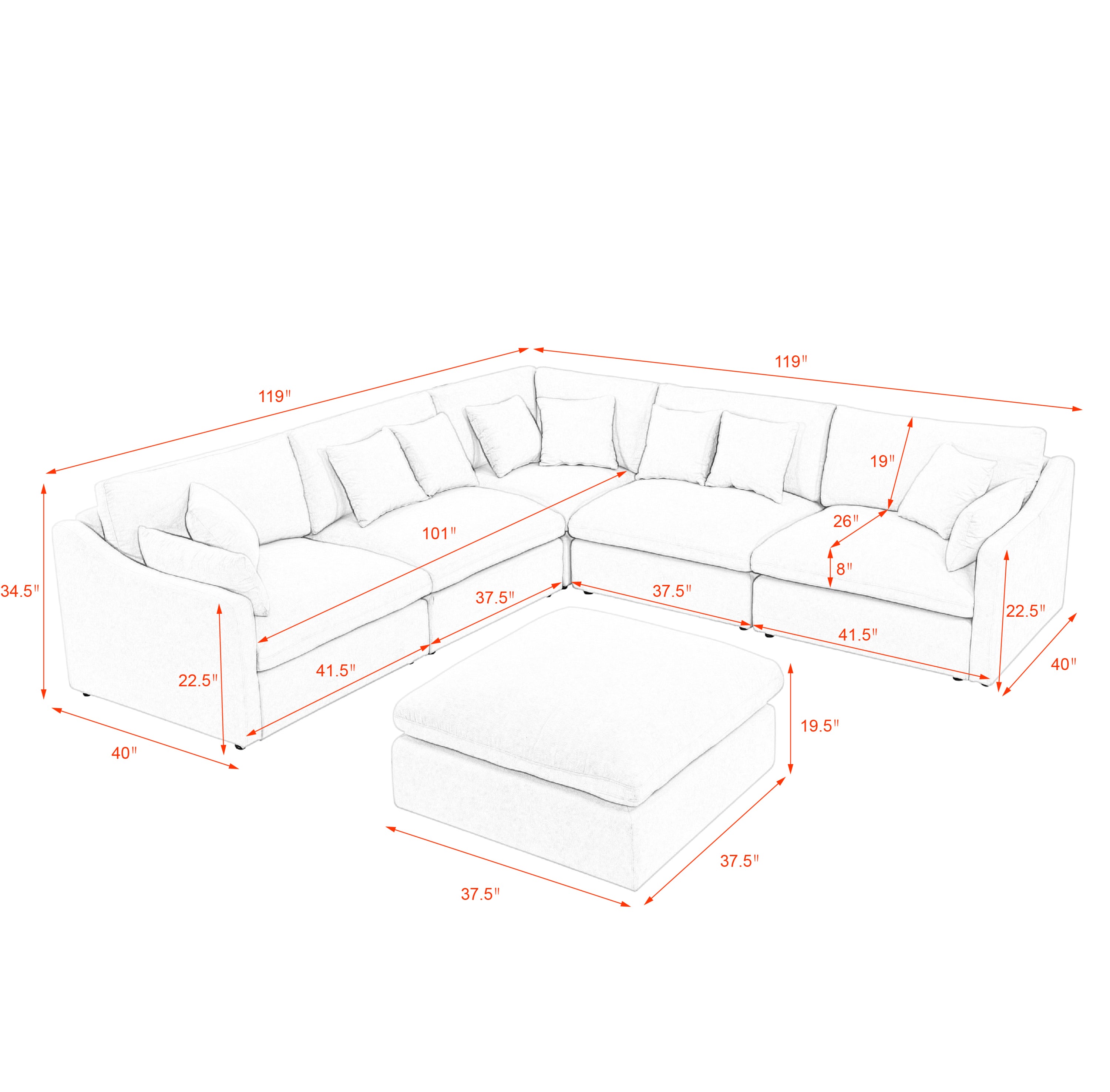 6-Seats Modular L-Shaped Sectional Sofa with Ottoman,10 Pillows, Oversized Upholstered Couch w/Removabled Down-Filled Seat Cushion  for Living Room, Chenille Grey