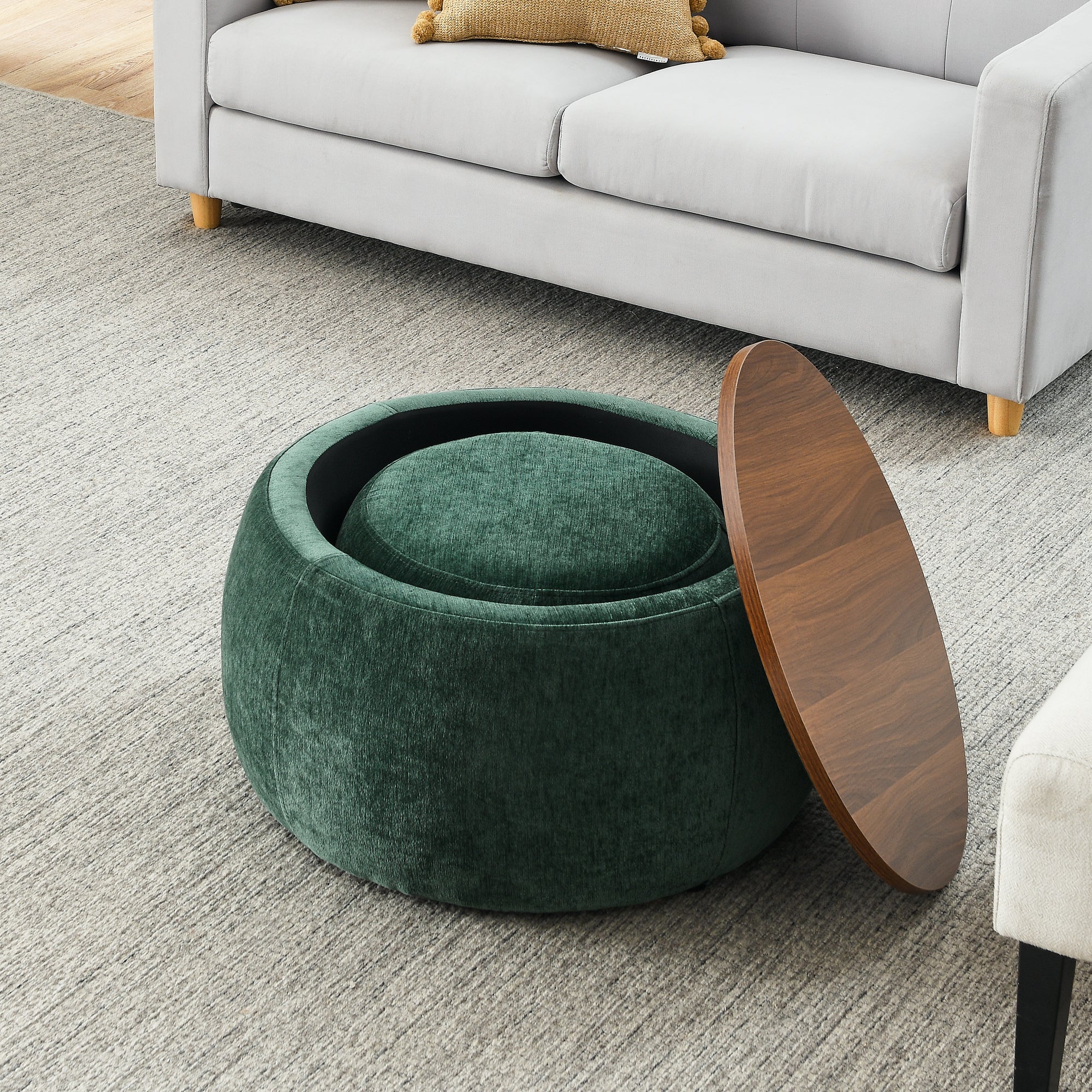 Round Storage Ottoman, 2 in 1 Function, Work as End table and Ottoman,with small seat,Green(25"x25"x14.7")