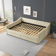 Full Size Daybed with Drawers Upholstered Tufted Sofa Bed, with Button on Back and Piping on Waved Shape Arms-Beige