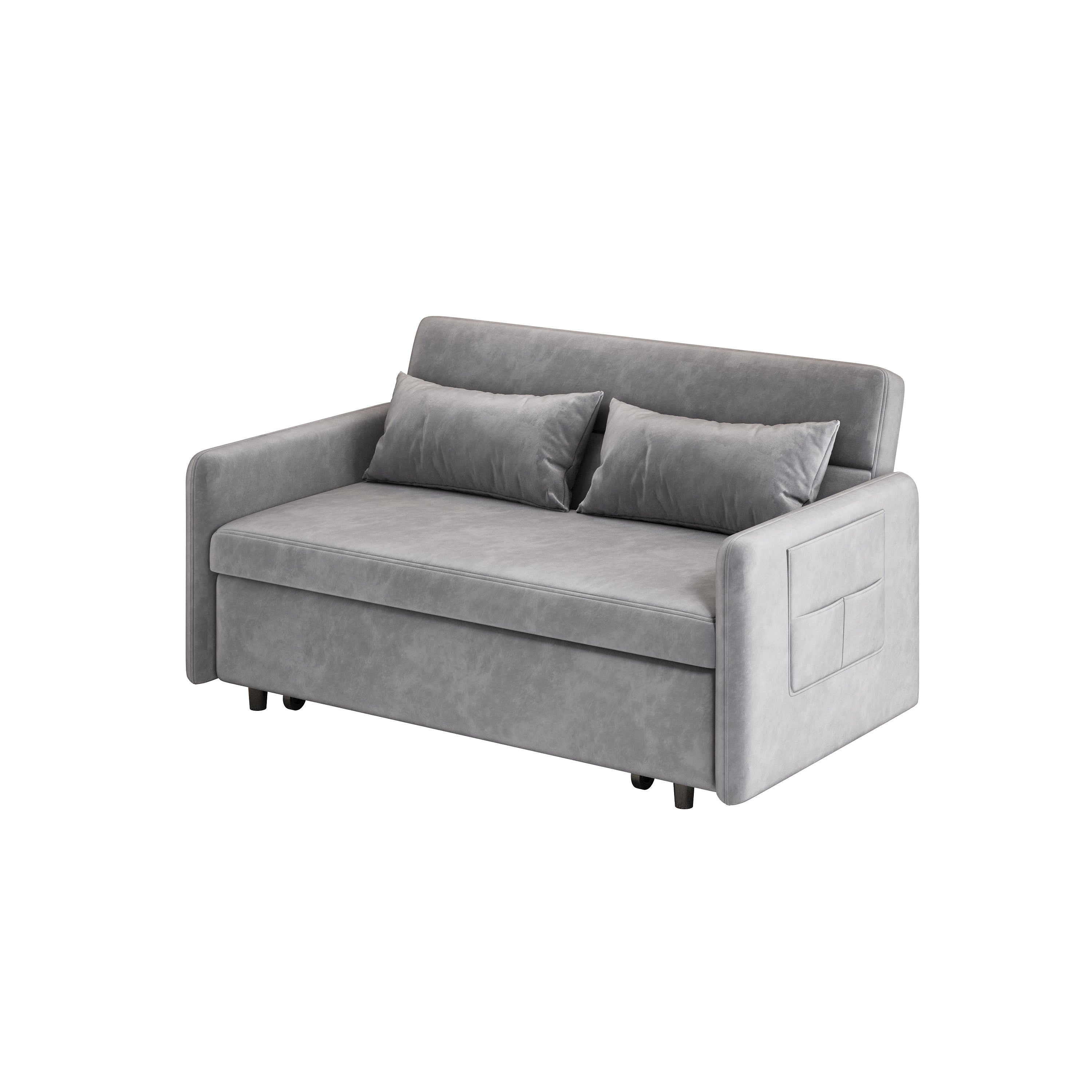 Modern 54" Gray Pull-Out Sofa With Two Pillows Velvet Loveseat For Small Living Room