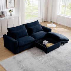 Sectional Sofa Comfy Corduroy Couch for Living Room with Pillows and Round Armrests, Modern Corduroy Sofa Sleeper Deep Couches with Storage Ottoman (Blue, 2-Seat)