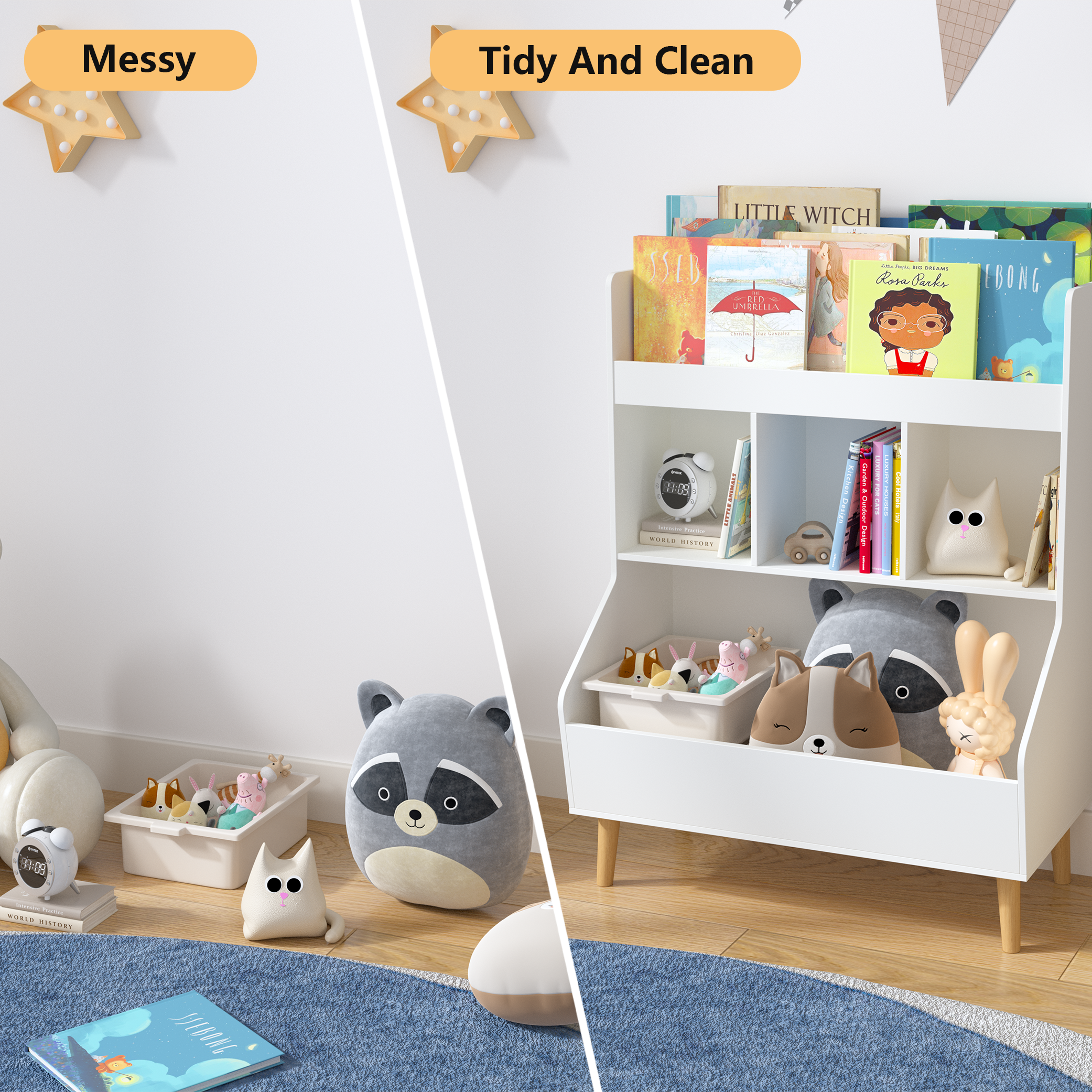 Toy Storage Organizer, Kids Bookshelf and Toy Storage with Legs, Multifunctional Storage Organizer, Children Bookcase for Kids Room, Living Room, Nursery,White