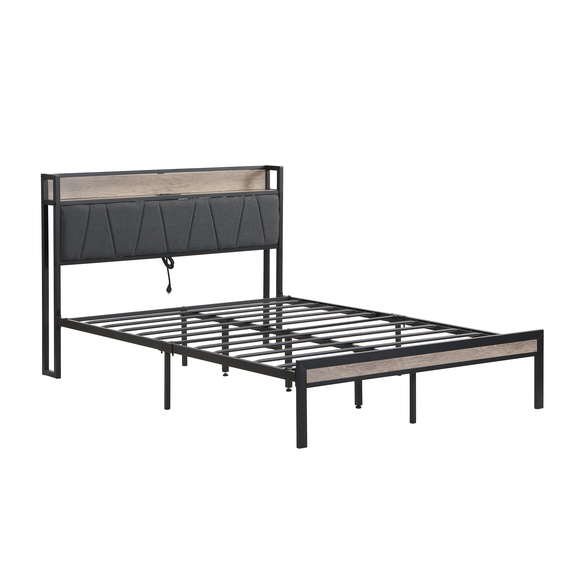 Queen  Size  Metal Platform Bed Frame with upholstery storage function Headboard   and USB LINER  and Footboard  , No Box Spring Needed, Large Under Bed Storage, Easy Assemble