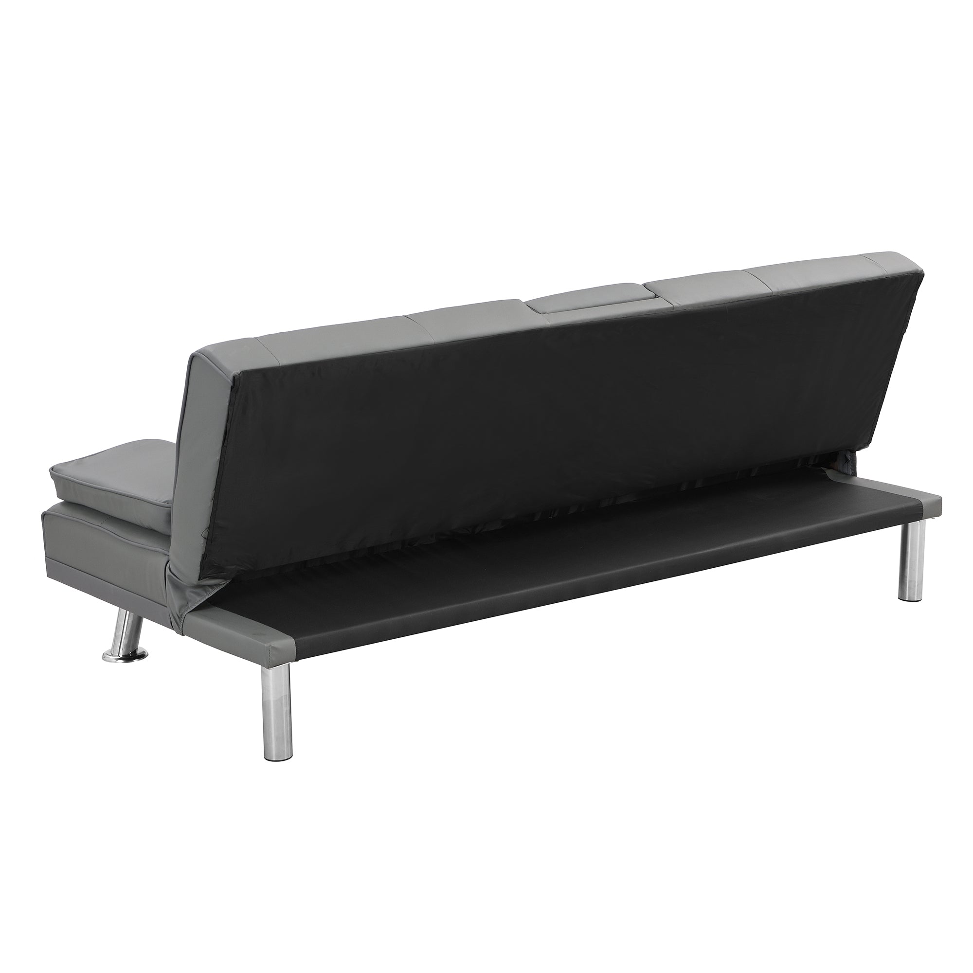 sofa bed with Armrest two holders  WOOD FRAME, STAINLESS LEG, FUTON GREY PVC