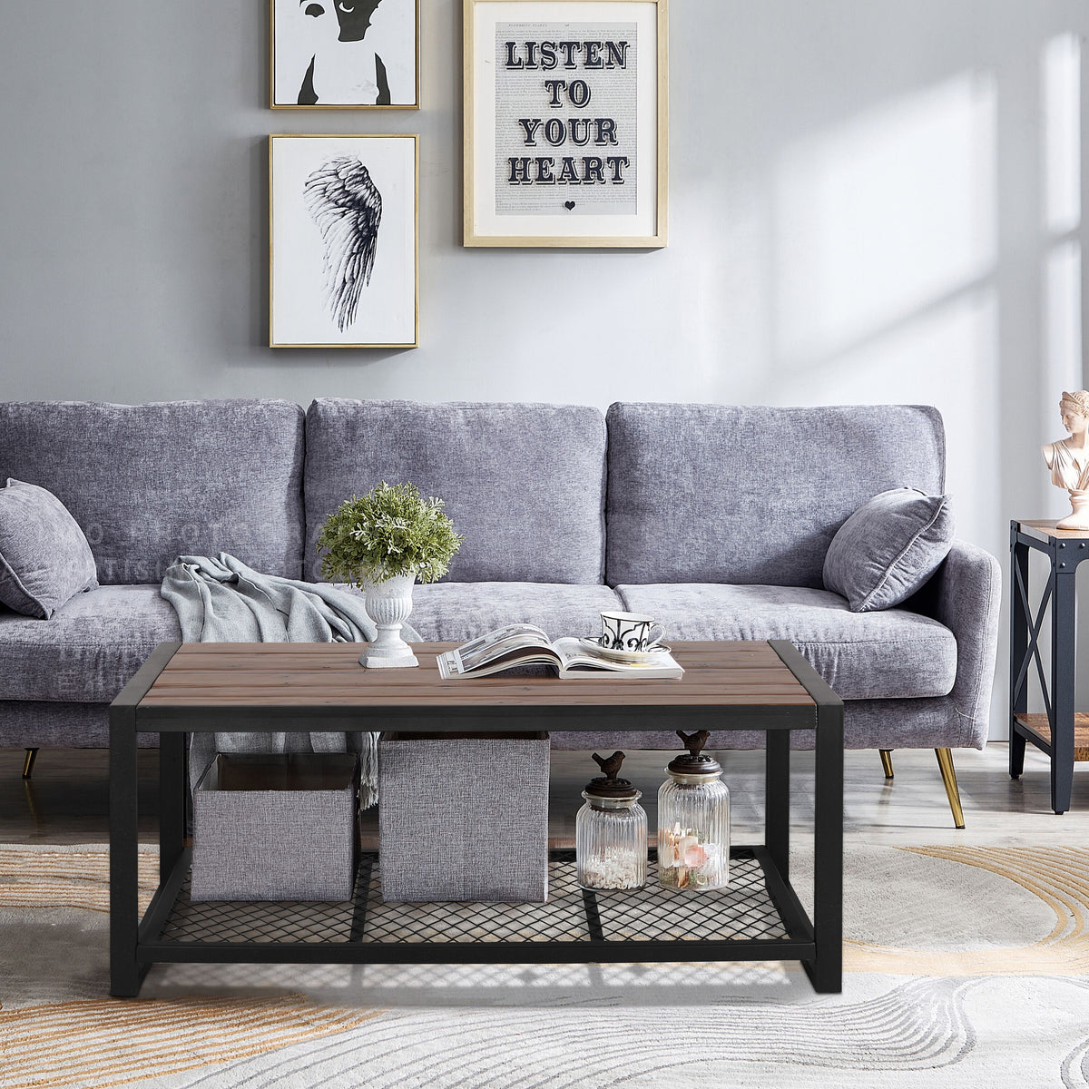 Console Coffee Table with a Natural Reclaimed Wood Finish, for Living room