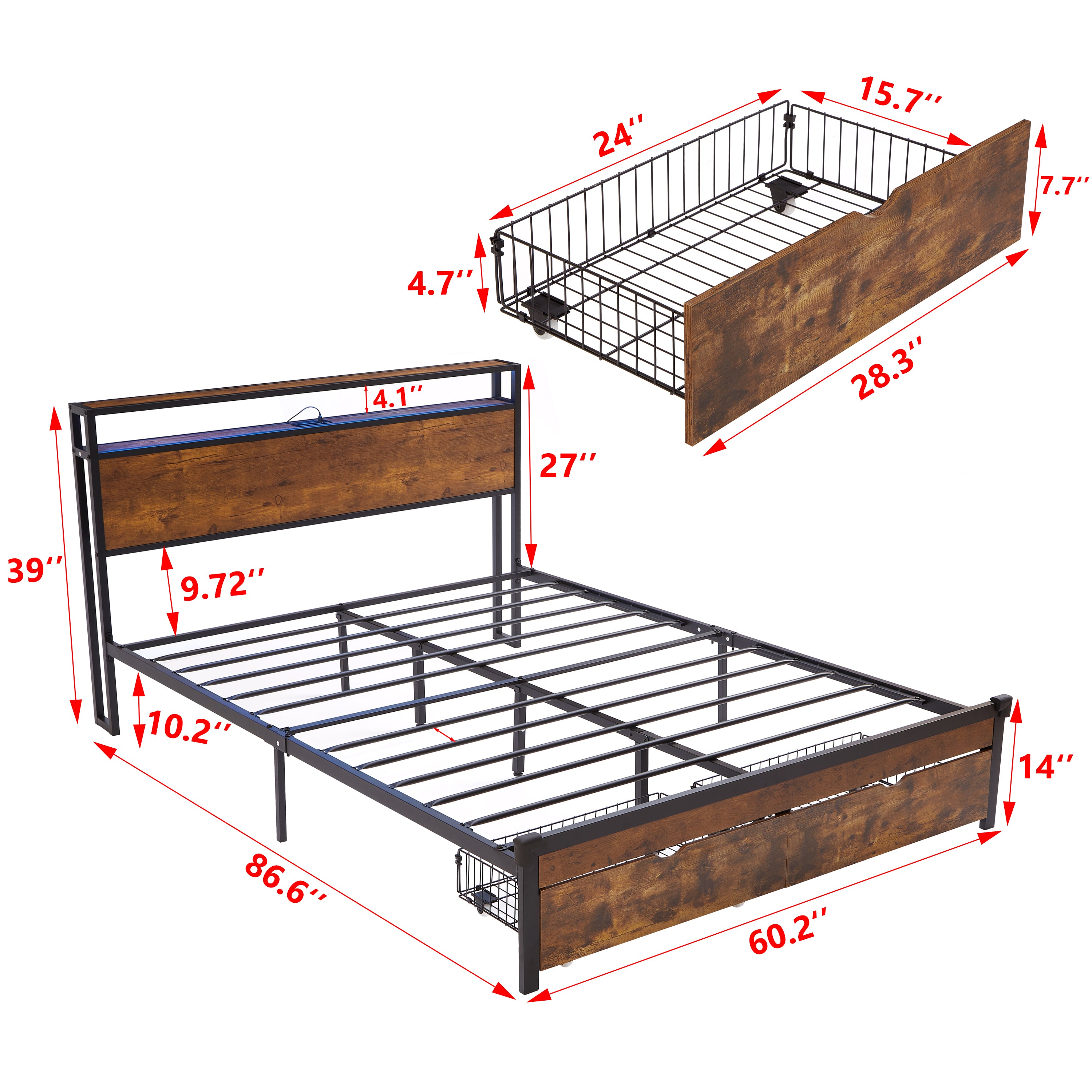 Queen Size Metal Platform Bed Frame with Wooden Headboard and Footboard with USB,Charging Station,2 Drawers,LED Lights, No Box Spring Needed, Easy Assemble