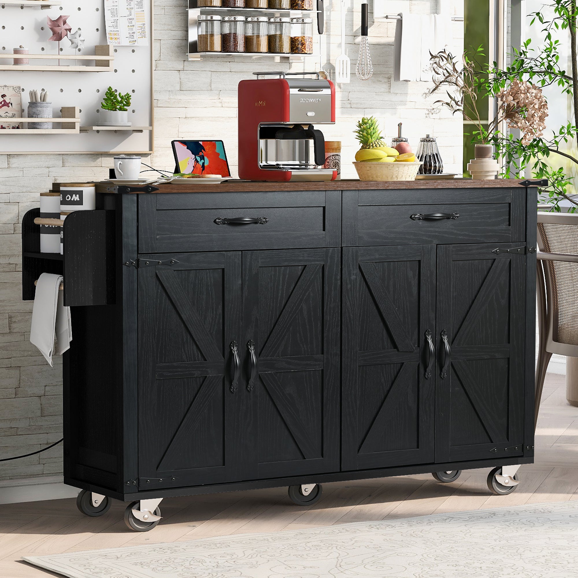 K&K 53.5''Farmhouse Kitchen Island with Drop Leaf, Spice Rack and Drawer, Rolling Kitchen Cart on Wheels, Black