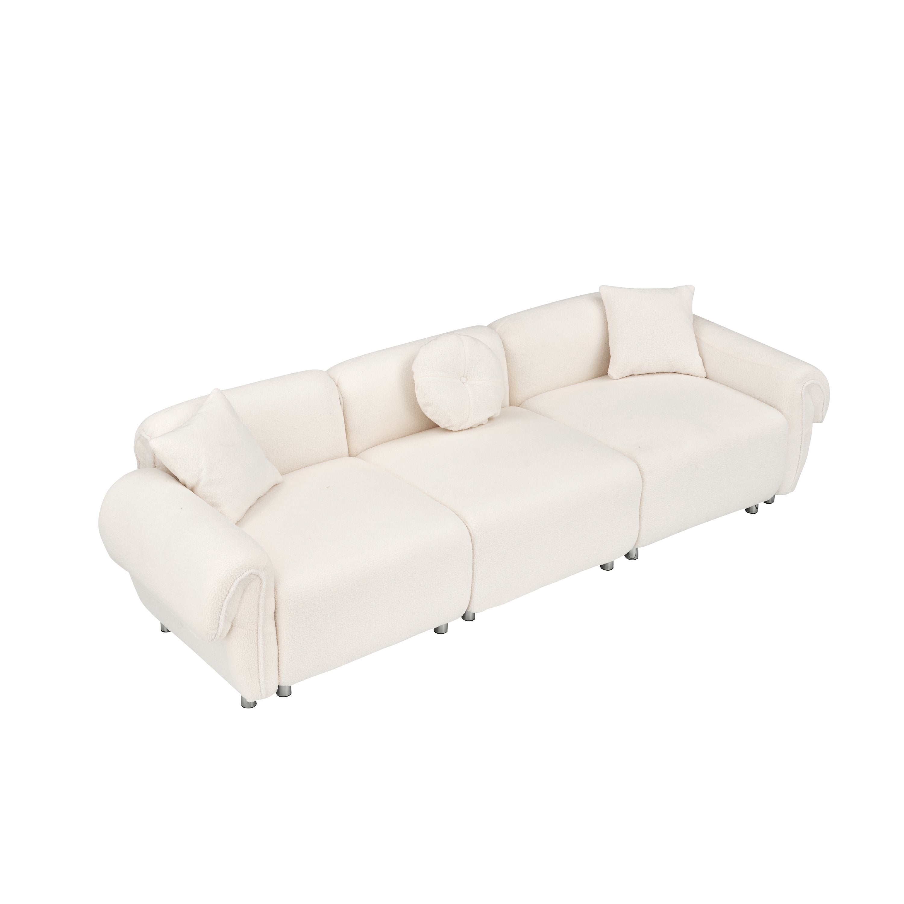 112 inch beige teddy velvet fabric, with 3 pillows, three sofa can be placed in the living room and other scenes Beige teddy velvet fabric, with 3 pillows, three sofa can be placed in the living room