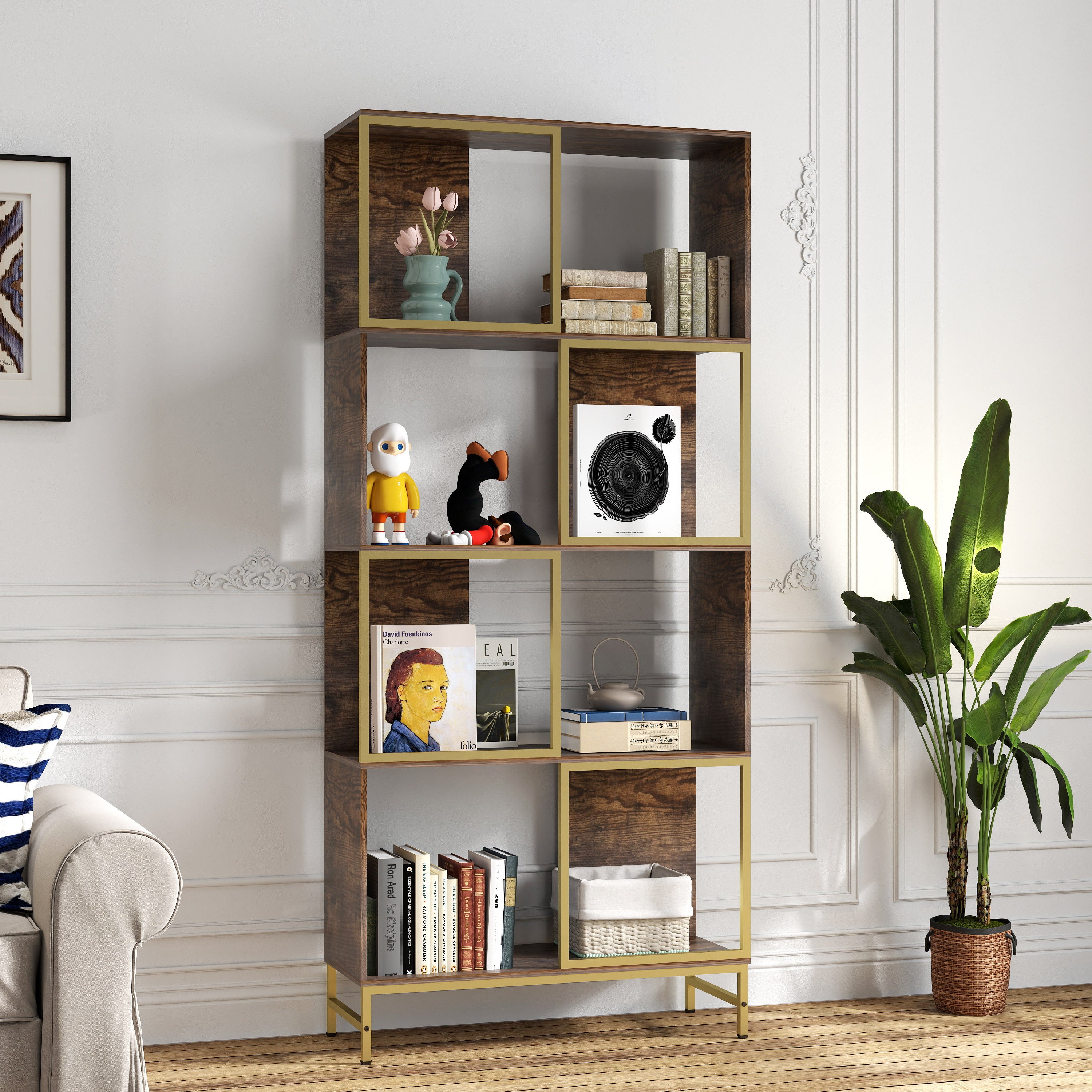4-Tier Industrial Bookshelf, Asymmetrical Display Shelf