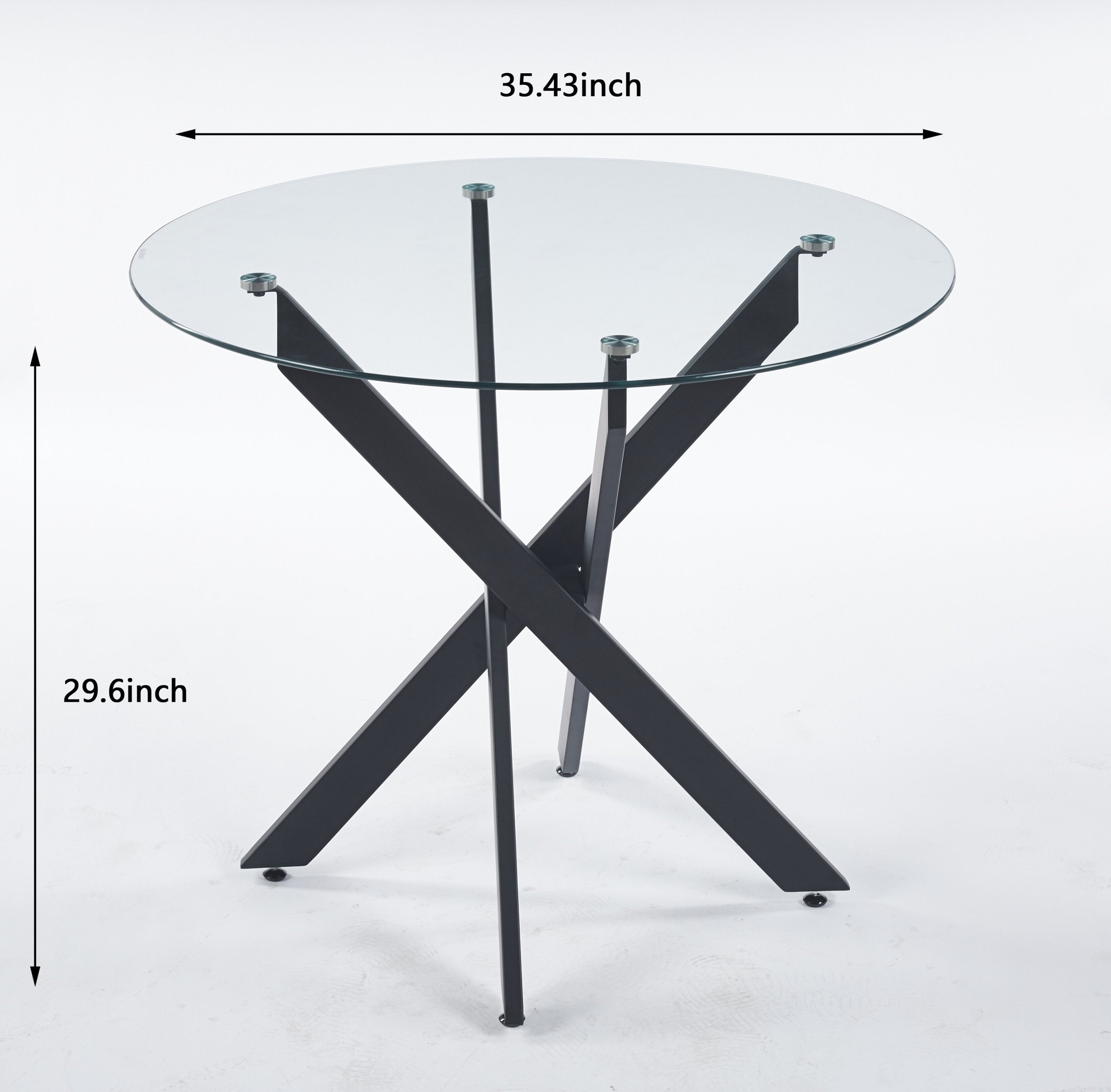 Black Dining Table with cross metal leg and tempered glass,Modern Space Saving Kitchen Table for Living Room