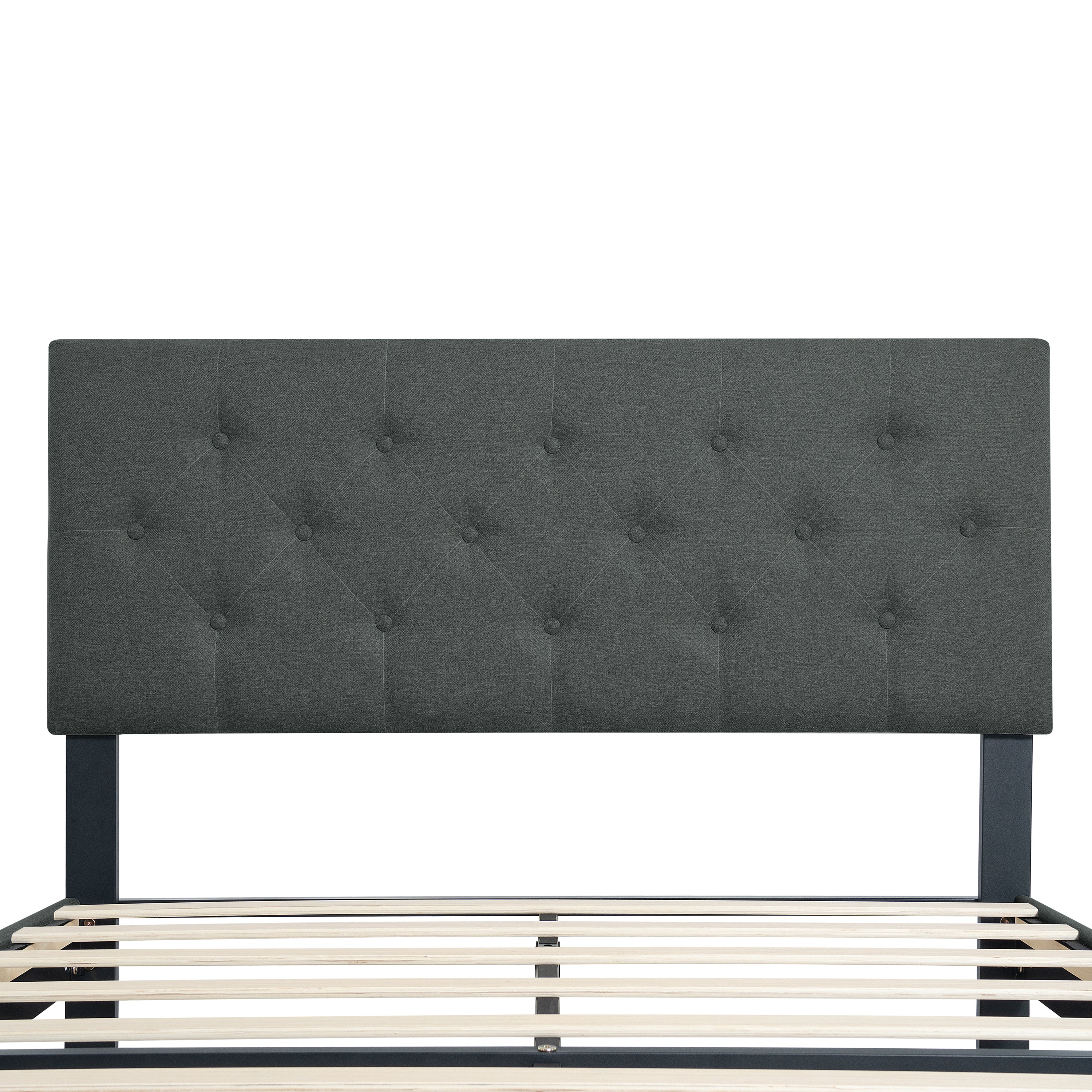 Queen Size Upholstered Platform Bed Frame with Modern Button Tufted Linen Fabric Headboard, No Box Spring Needed, Wood Slat Support, Easy Assembly, Dark Grey