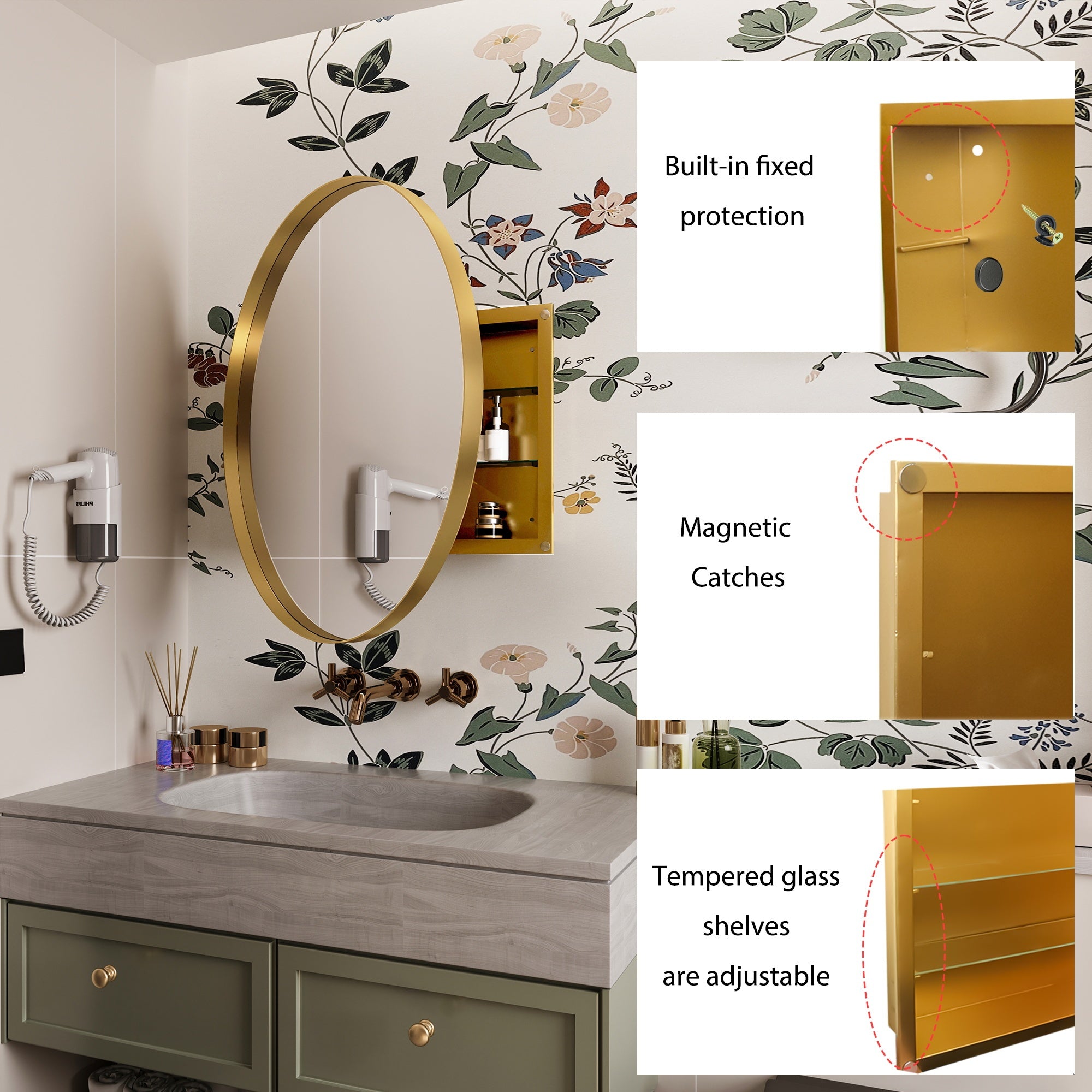 31.5 Inch Surface Mount Round Metal Framed Medicine Cabinet with Mirror and Adjustable Shelves Black Wall Mirror with Storage for Bathroom, Matte Gold