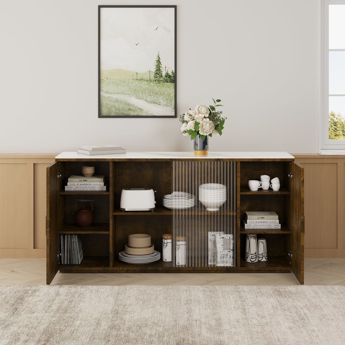 66.1" Sideboard with Glass Doors for Storage - Modern Buffet Perfect for Dining Room