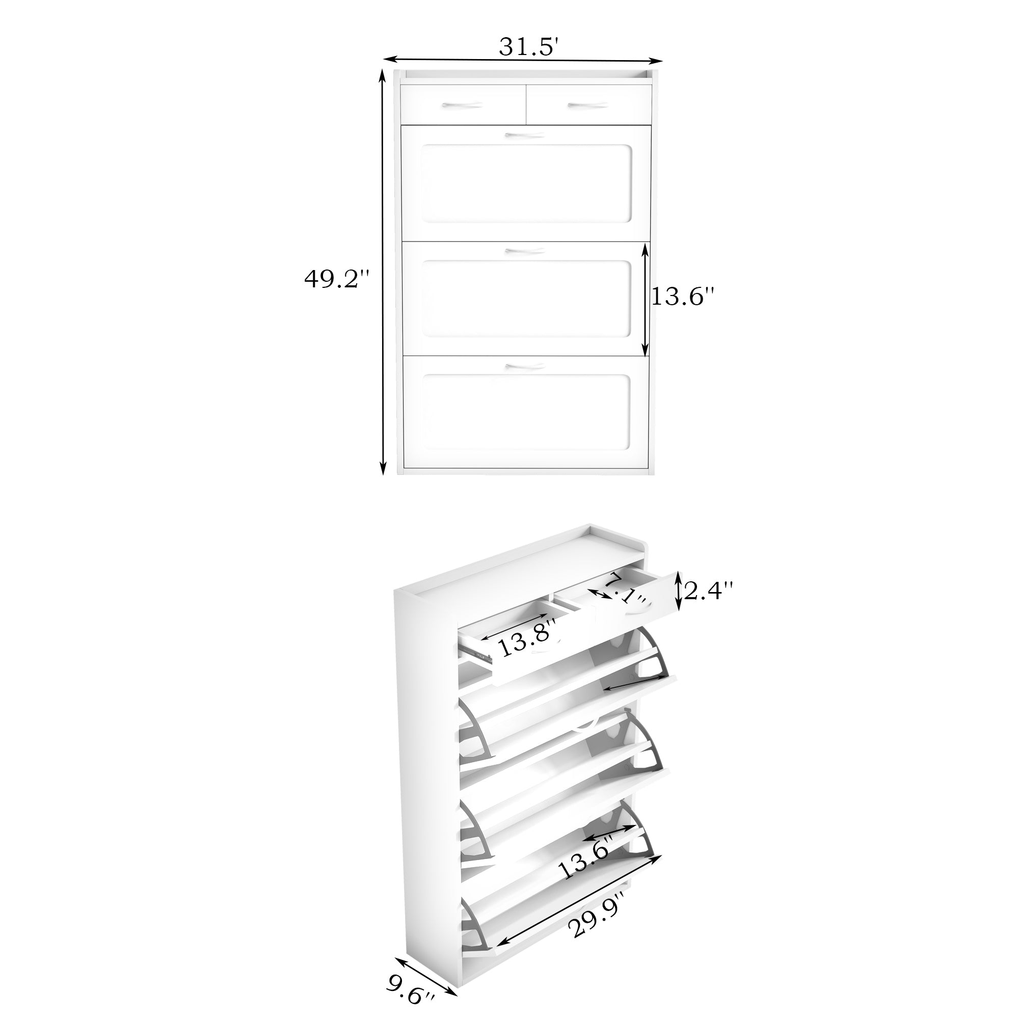 31.5" White Solid Wood Shoe Cabinet with Three Layers of Flip Bucket for Storage