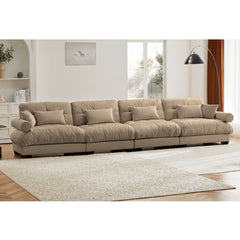 Oversized 4-Seater Velvet Sectional Sofa with Ottoman, Deep Seat Cloud Couch for Living Room, Camel