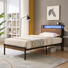 Twin Size Metal Platform Bed Frame with Wooden Headboard and Footboard with USB LINER, LED Lights ,No Box Spring Needed, Large Under Bed Storage, Easy Assemble