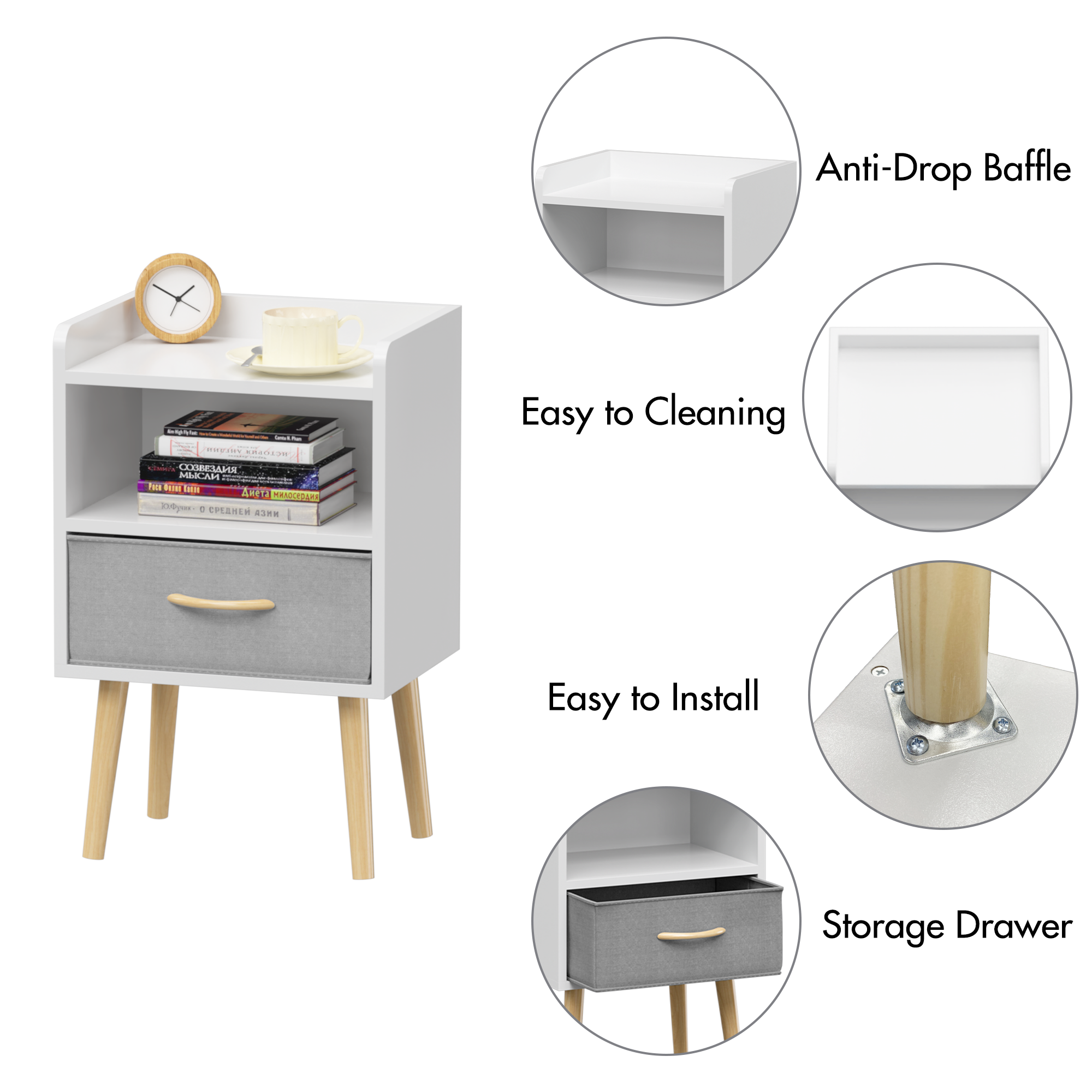 2PC Nightstand With Collapsible Fabric Drawer, 2-Tier Storage End Table, Wood Side Table with Storage Cabinet for Bedroom, Living Room - White