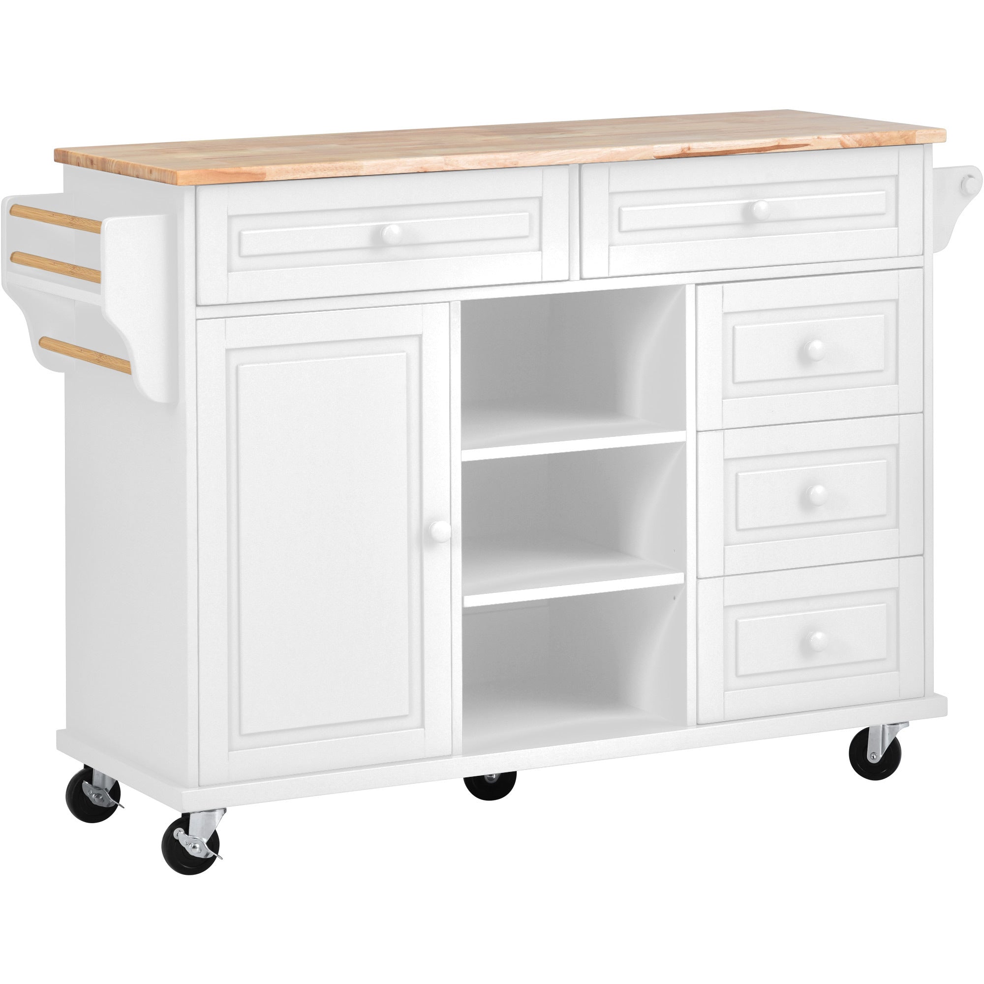 53" Kitchen cart with Rubber wood desktop rolling mobile kitchen island with storage and 5 draws, White