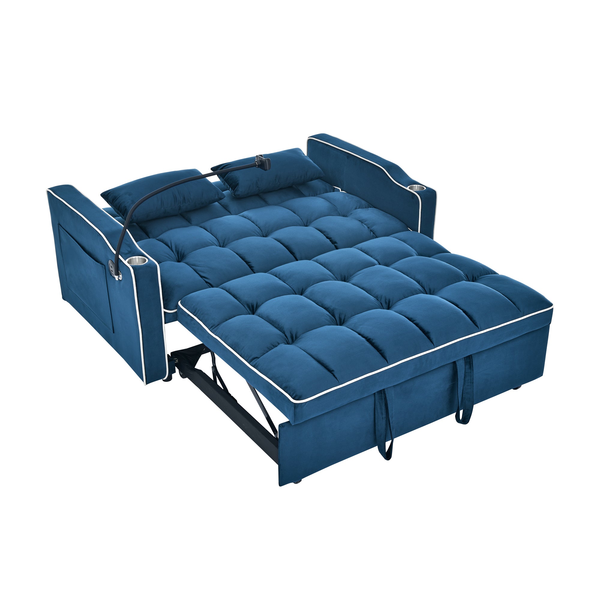 55.51" Foldable Velvet Sofa Bed with Adjustable Back, Pull-Out Design with USB Port, Ashtray, and Swivel Phone Stand, Blue