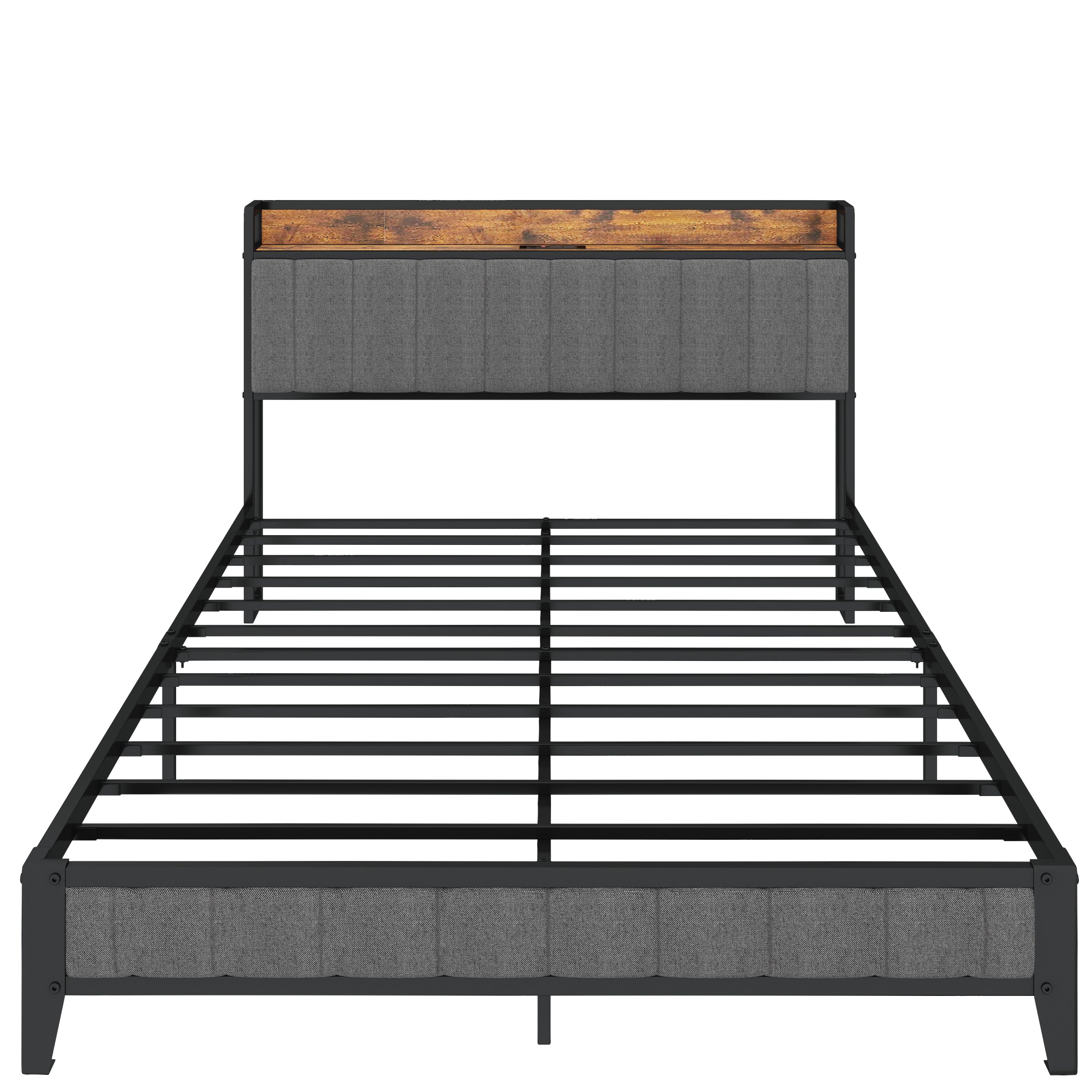 Full Size Bed Frame with Charging Station, Upholstered Headboard, Metal Platform, Grey