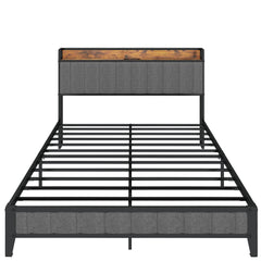 Full Size Bed Frame with Charging Station, Upholstered Headboard, Metal Platform, Grey