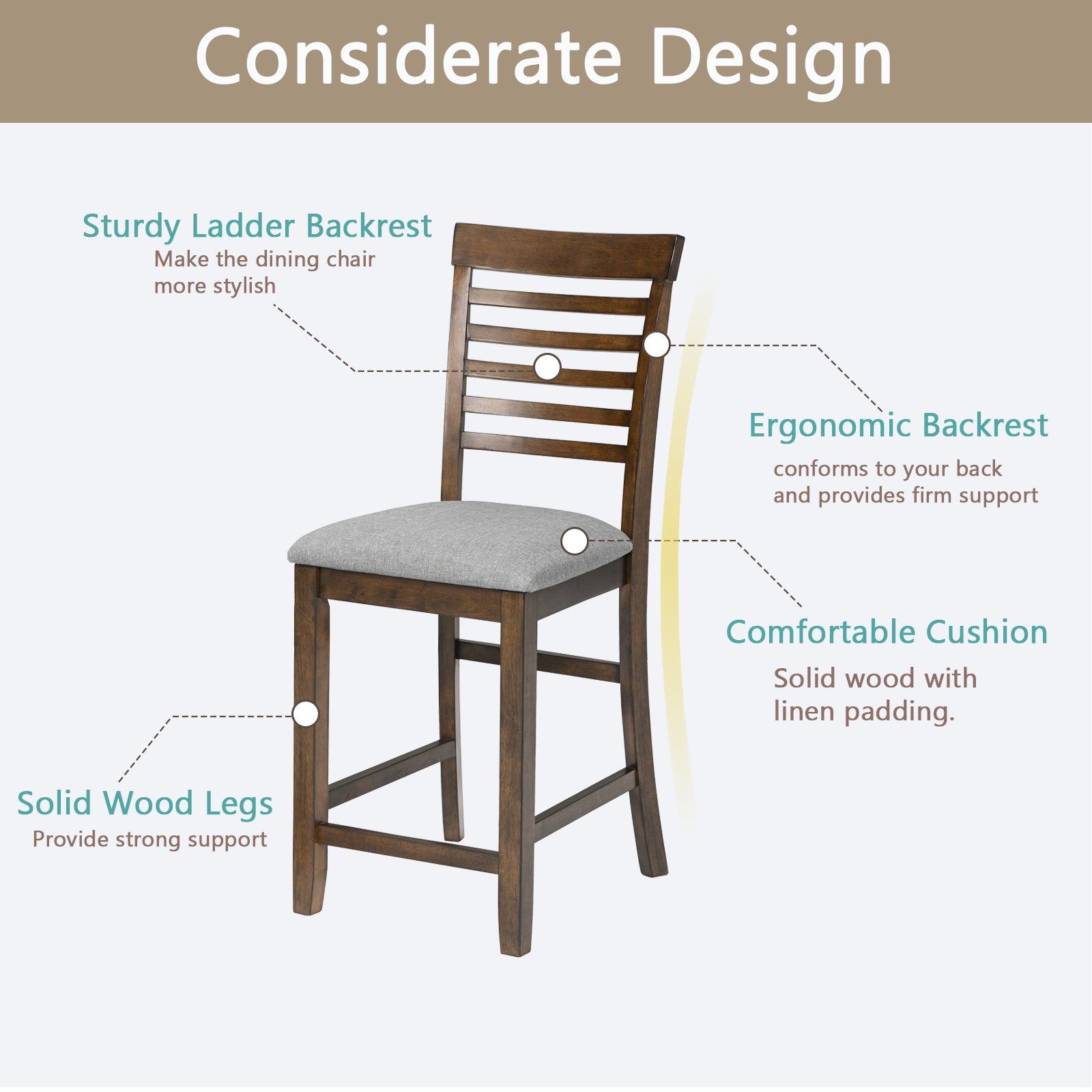 Dining Room Furniture Counter Height Chairs Set of 4, Kitchen Chair with Padded Seat , Upholstered Side Chair for Dining Room, Living Room, Walnut