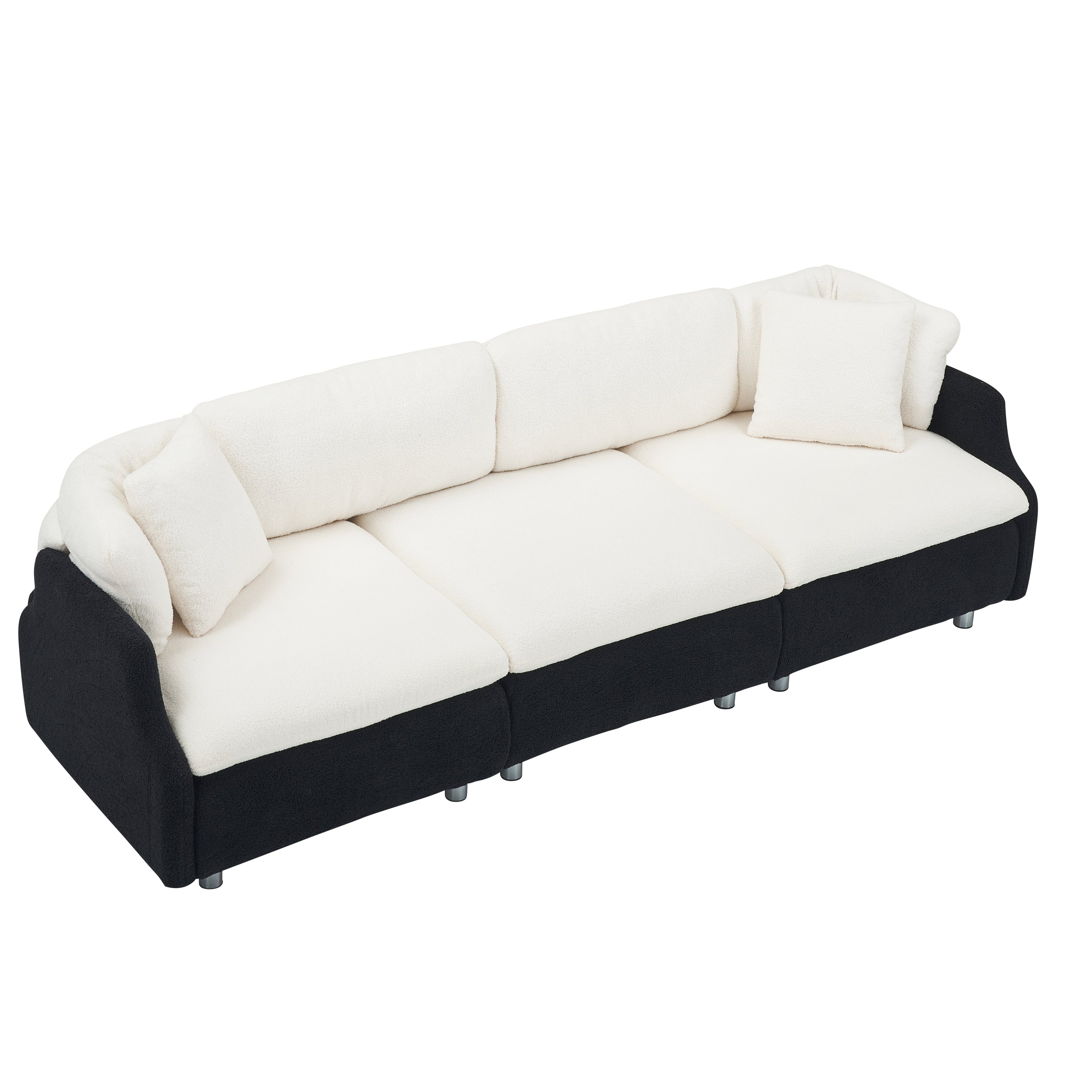 95.3" Beige Black Teddy Fleece Sofa With Two Throw Pillows - 3 Seat Sofa for Living Room