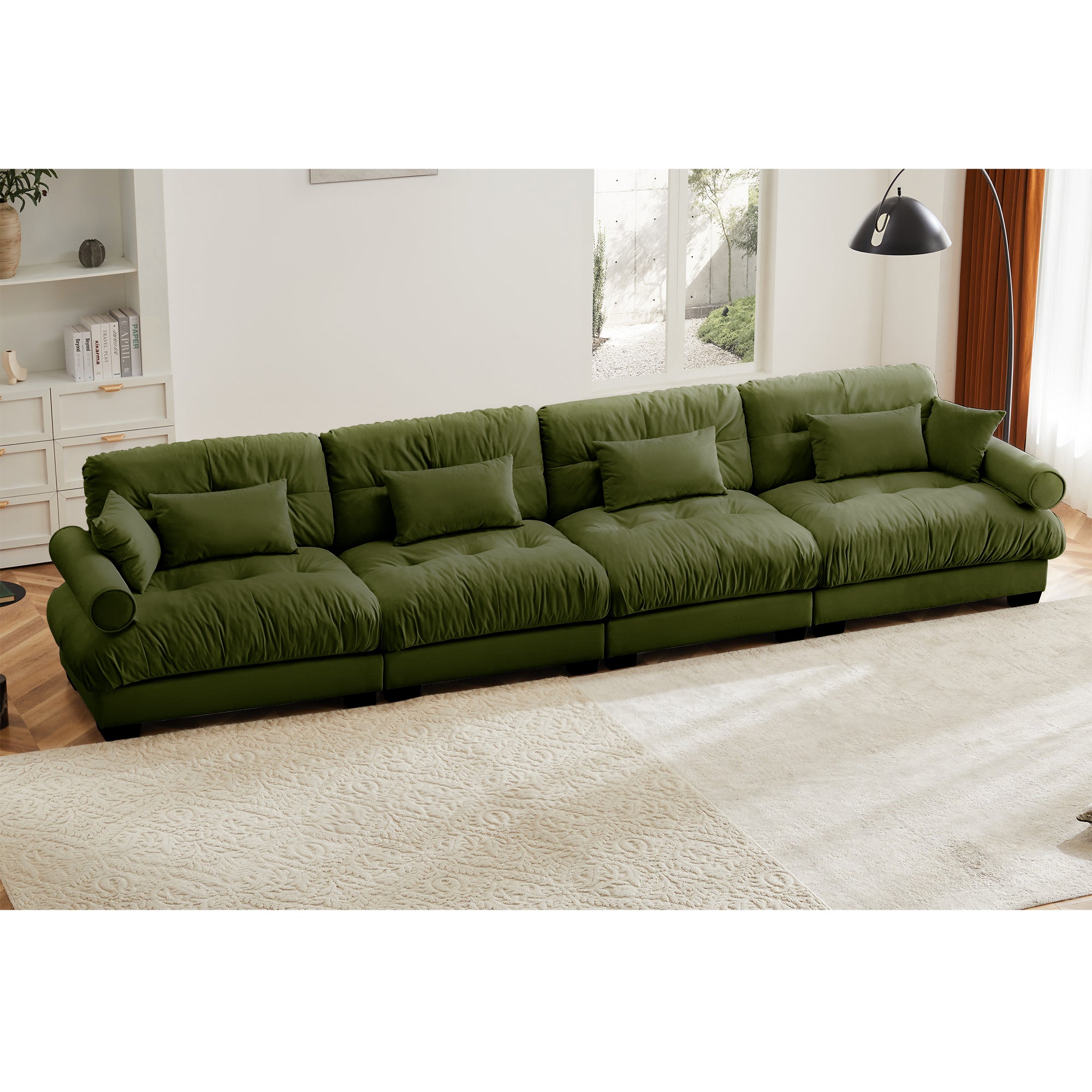 Oversized 4-Seater Velvet Sectional Sofa with Ottoman, Deep Seat Cloud Couch for Living Room, Oliver green