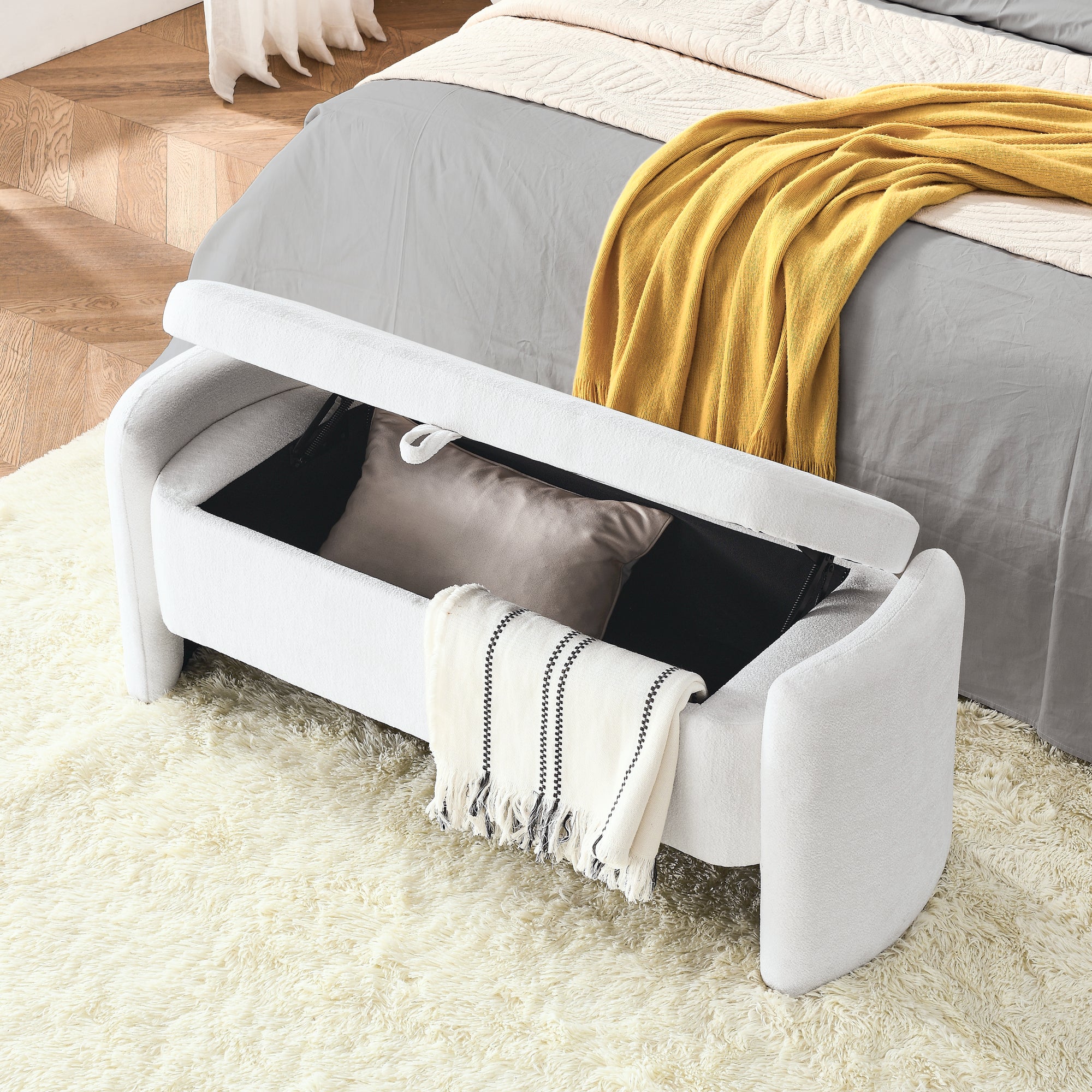 Oval Chenille Storage Ottoman Bench with Large Storage Space for Bedroom, White