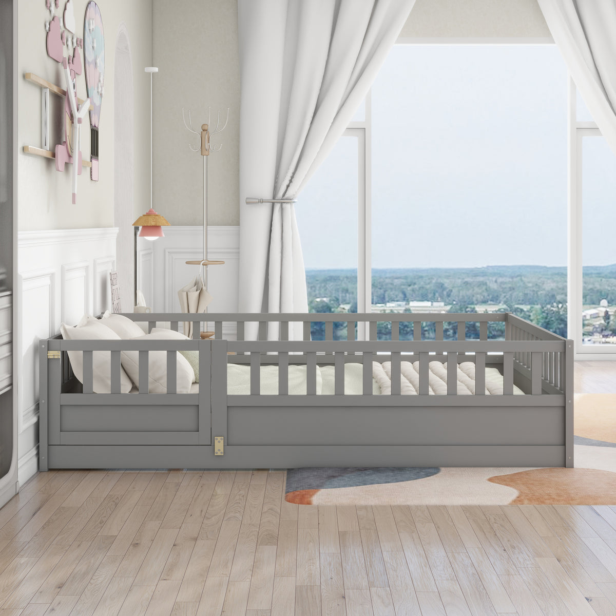 Full size  Floor bed, integral construction with super high security barrier, door, children's floor bed frame, Montessori wooden children's floor bed, Support slat Grey