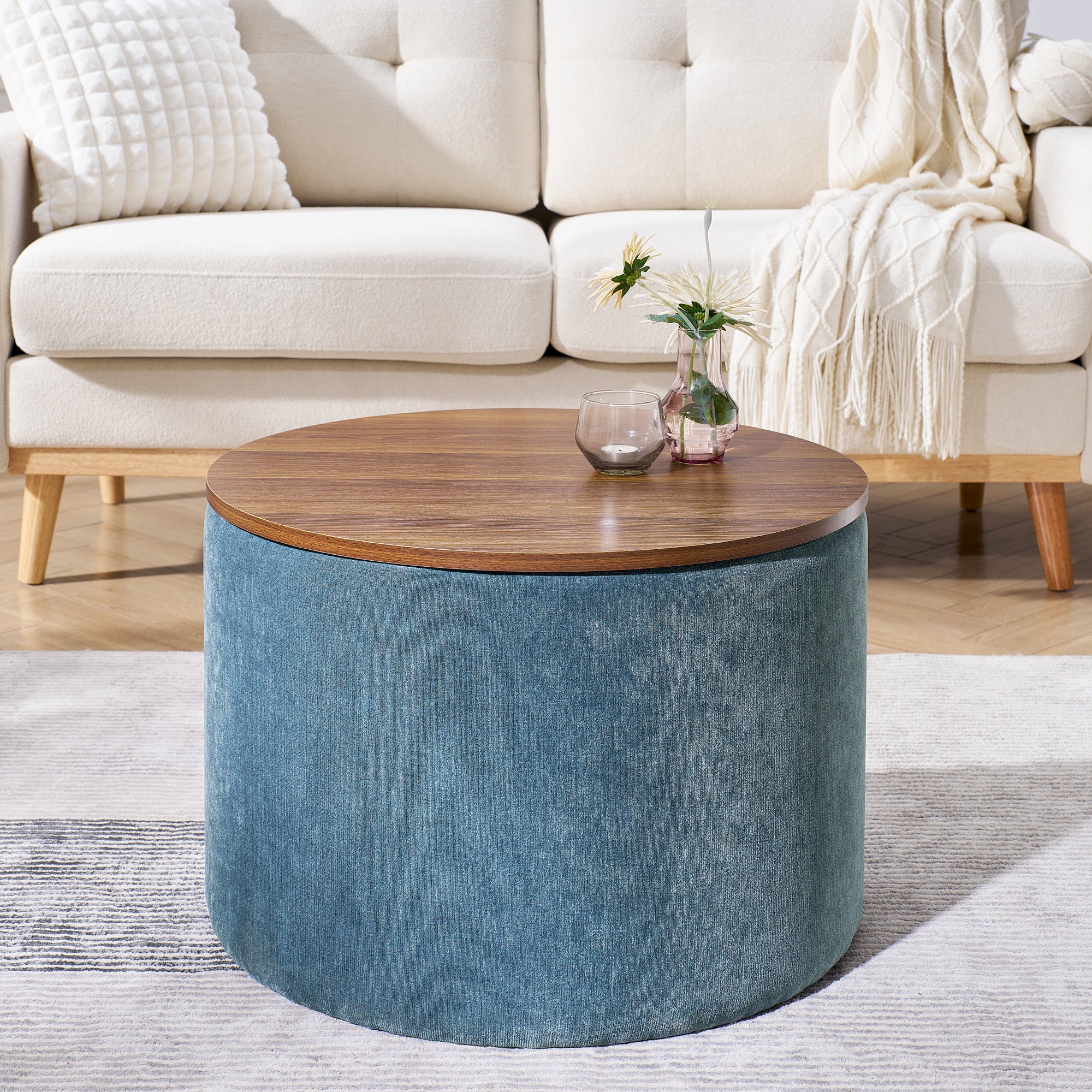 2-Piece Set Round Chenille Storage Ottoman, Equipped with a Drum Shaped Small Stool, Storage Space, and MDF Made Desktop Panel (Dark Blue23.62"x23.62"x16.53")