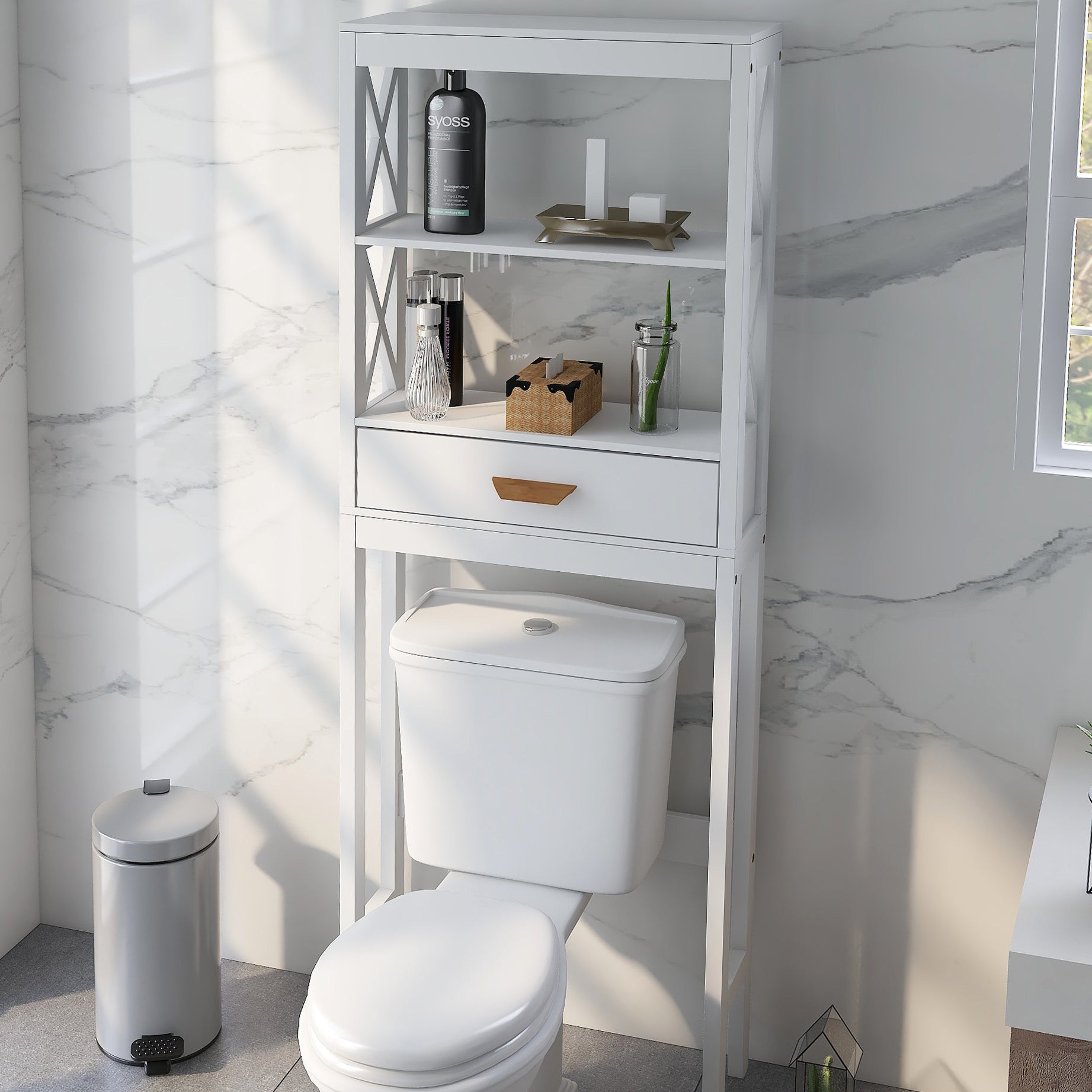 Over-the-Toilet Storage Cabinet White with one Drawer and 2 Shelves Space Saver Bathroom Rack