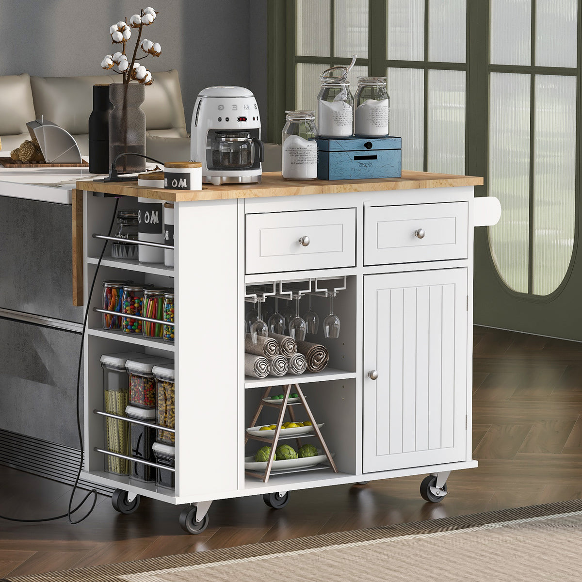 Kitchen Island with Drop Leaf and Rubber Wood,Open Storage and Wine Rack,5 Wheels,White