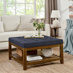 Tufted Upholstered Square Coffee Table Ottoman with Beech Wood Shelf, Oversized Footrest for Living Room, Navy Blue