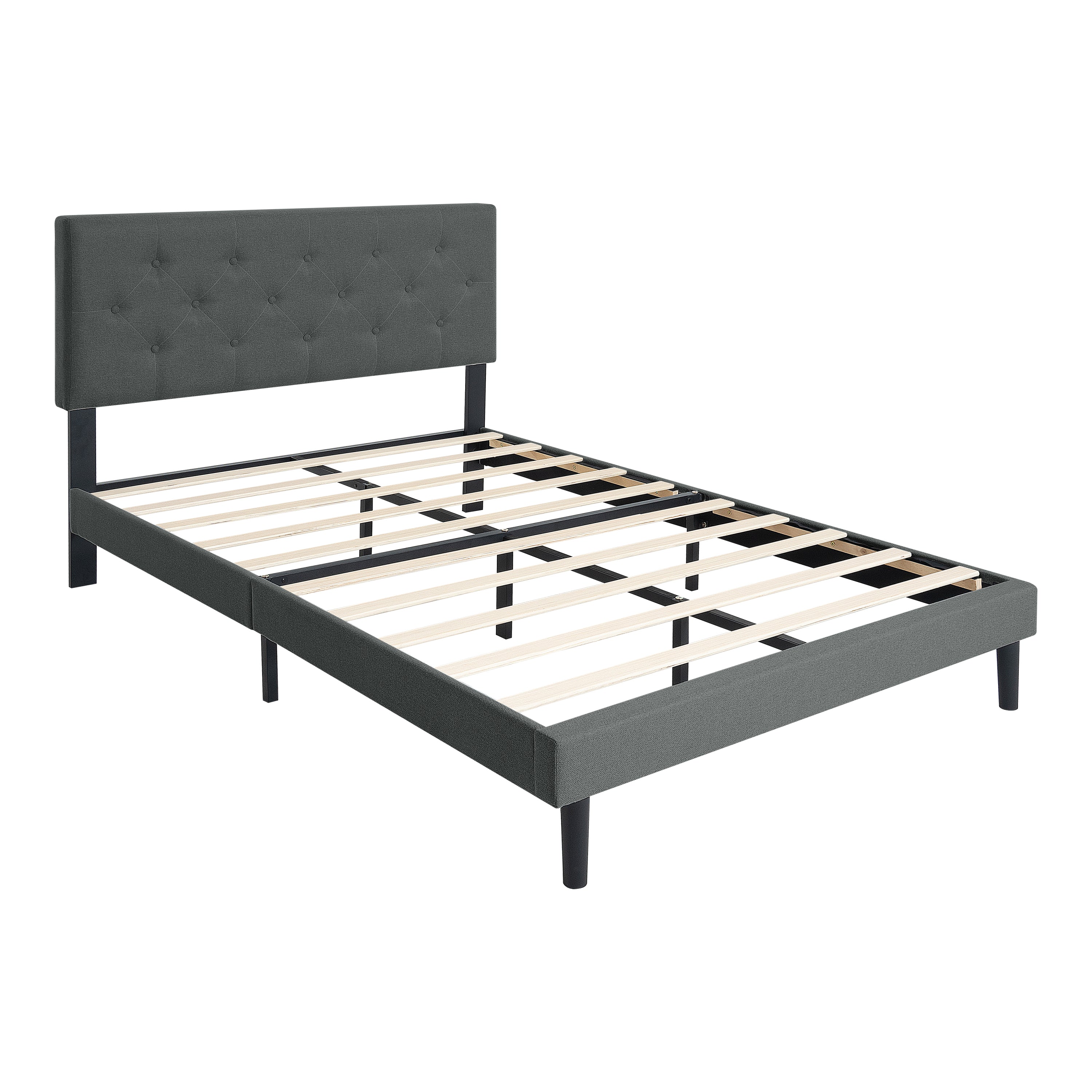 Queen Size Upholstered Platform Bed Frame with Modern Button Tufted Linen Fabric Headboard, No Box Spring Needed, Wood Slat Support, Easy Assembly, Dark Grey