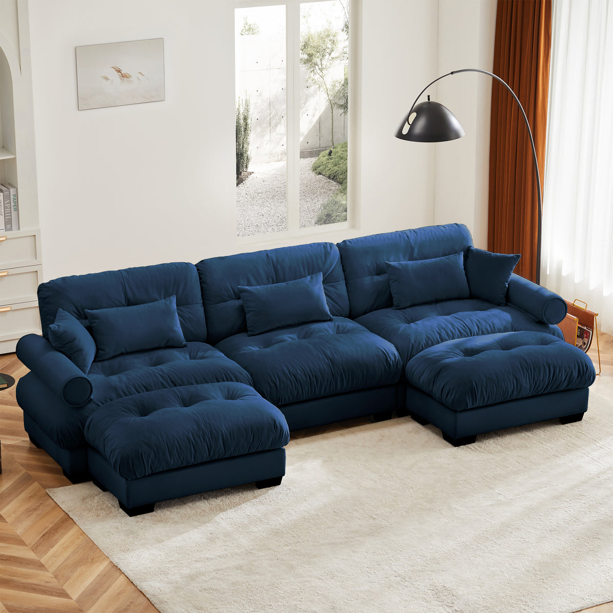 U-Shaped Modular Sectional Sofa with Movable Ottomans, Modern 3-Seater Corner Couch with Pillows and Bolstered Armrests, Blue