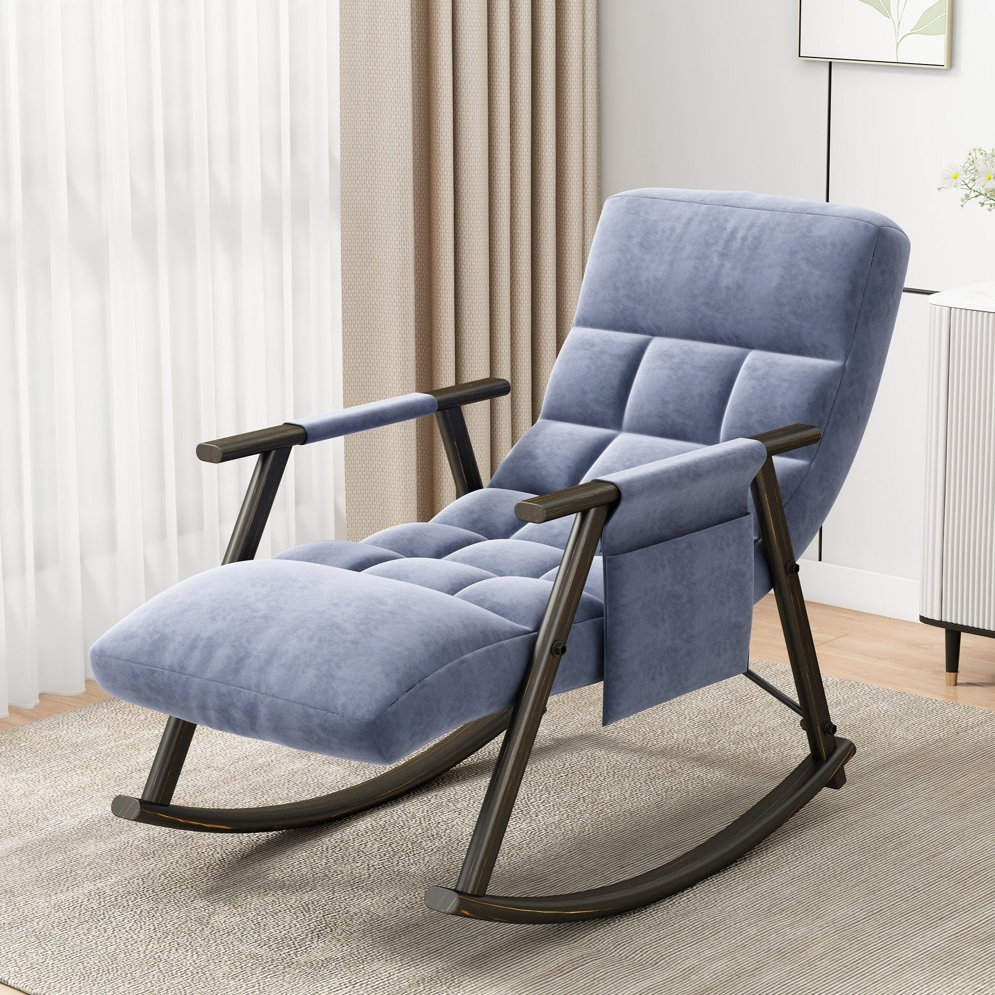 Casual folding rocking chair upholstered, lounge rocking chair adjustable high back and foot rest,side pockets placed in living room bedroom balcony