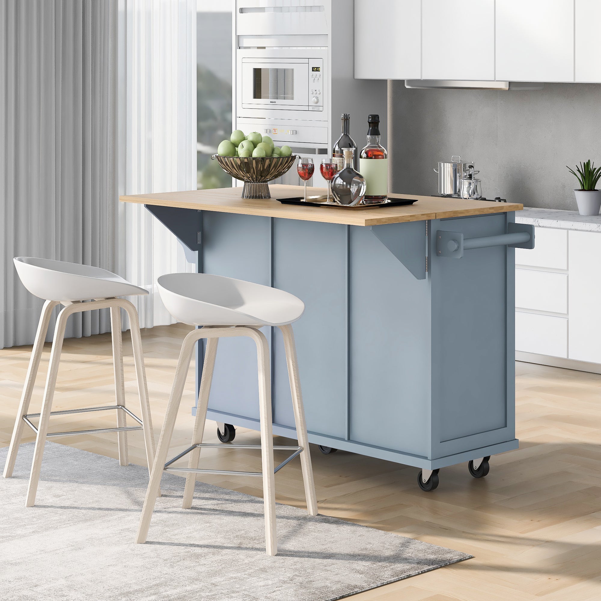 Kitchen Cart with Rubber wood Drop-Leaf Countertop on 5 Wheels with Storage Cabinet and 3 Drawers for Dinning Room, Grey Blue