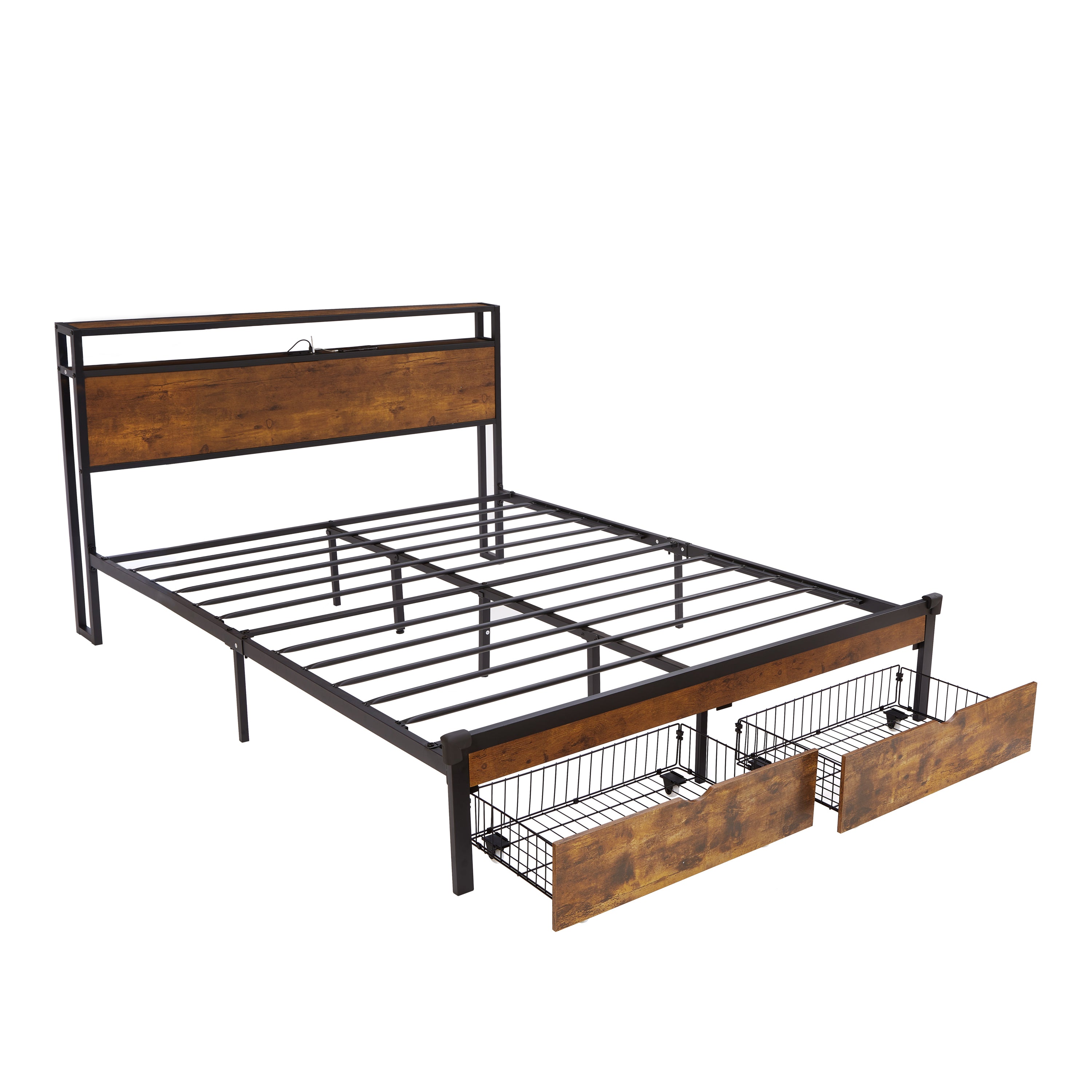 Queen Size Metal Platform Bed Frame with Wooden Headboard and Footboard with USB,Charging Station,2 Drawers,LED Lights, No Box Spring Needed, Easy Assemble